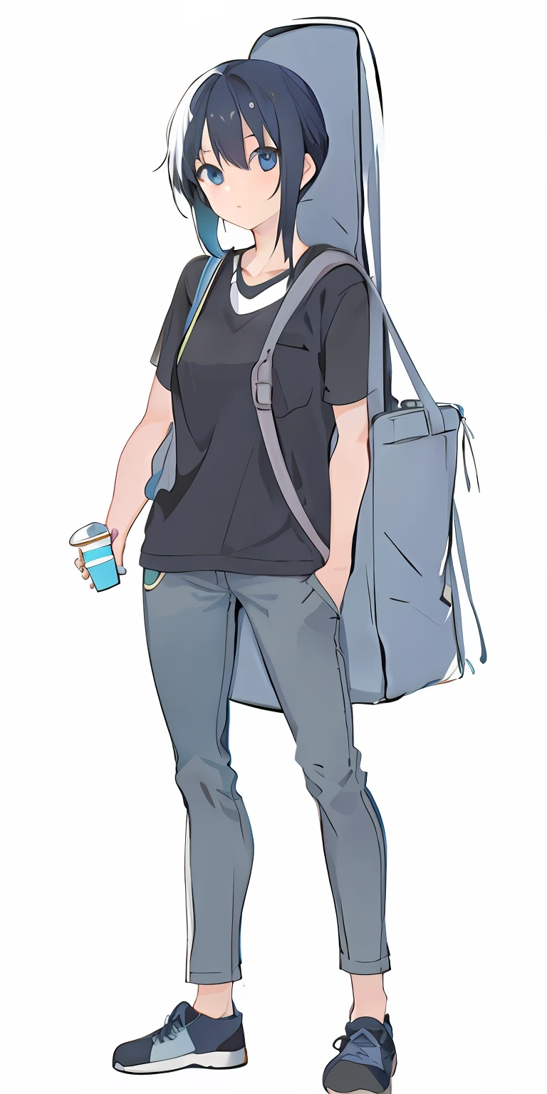 Cute Female Characters,Cartoon drawing of a person with a backpack and cup, Full body illustration, full body portrait of a short!, portrait of a full body, full-body character portrait, anime full body illustration, Tall anime woman with blue eyes, full body character drawing, unrealistic character concept, single character full body, full-body character portrait, wearing a baggy, character full body portrait