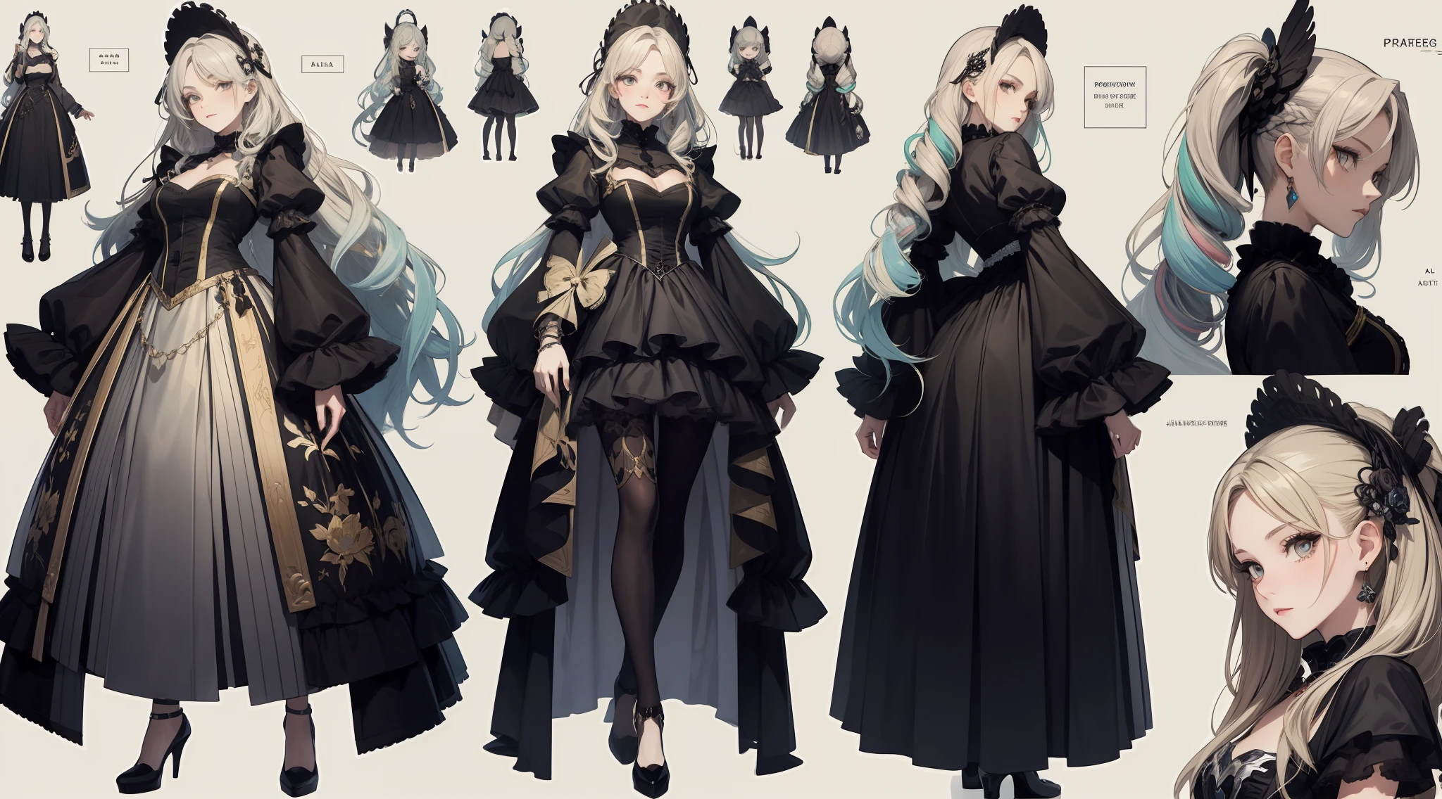 Three-view of roles，character  design，Character design，Three View，full bodyesbian，frontage，Lateral face，on  back，Set，Lolita prostitute，Very gorgeous，Maximalism，extreme hight detail，RococoStyle，Super long hair，Complex accessories，Complex hairstyles，Jewelled