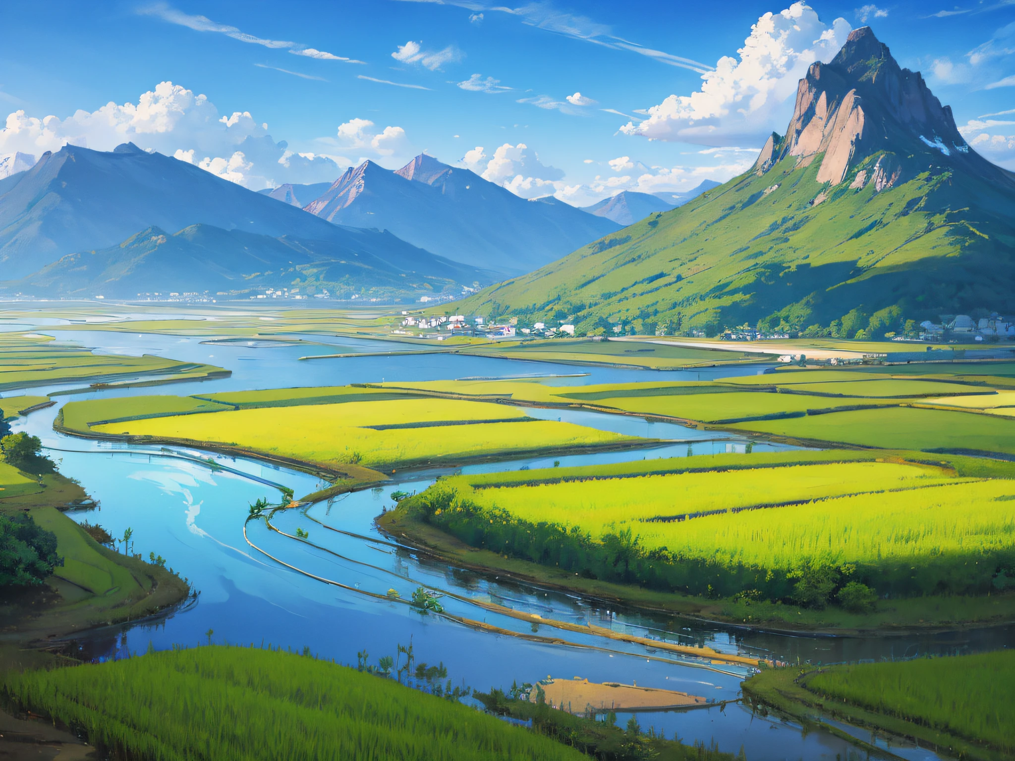 Scenery，ricefield，small stream，Mountains，with blue sky and white clouds --auto