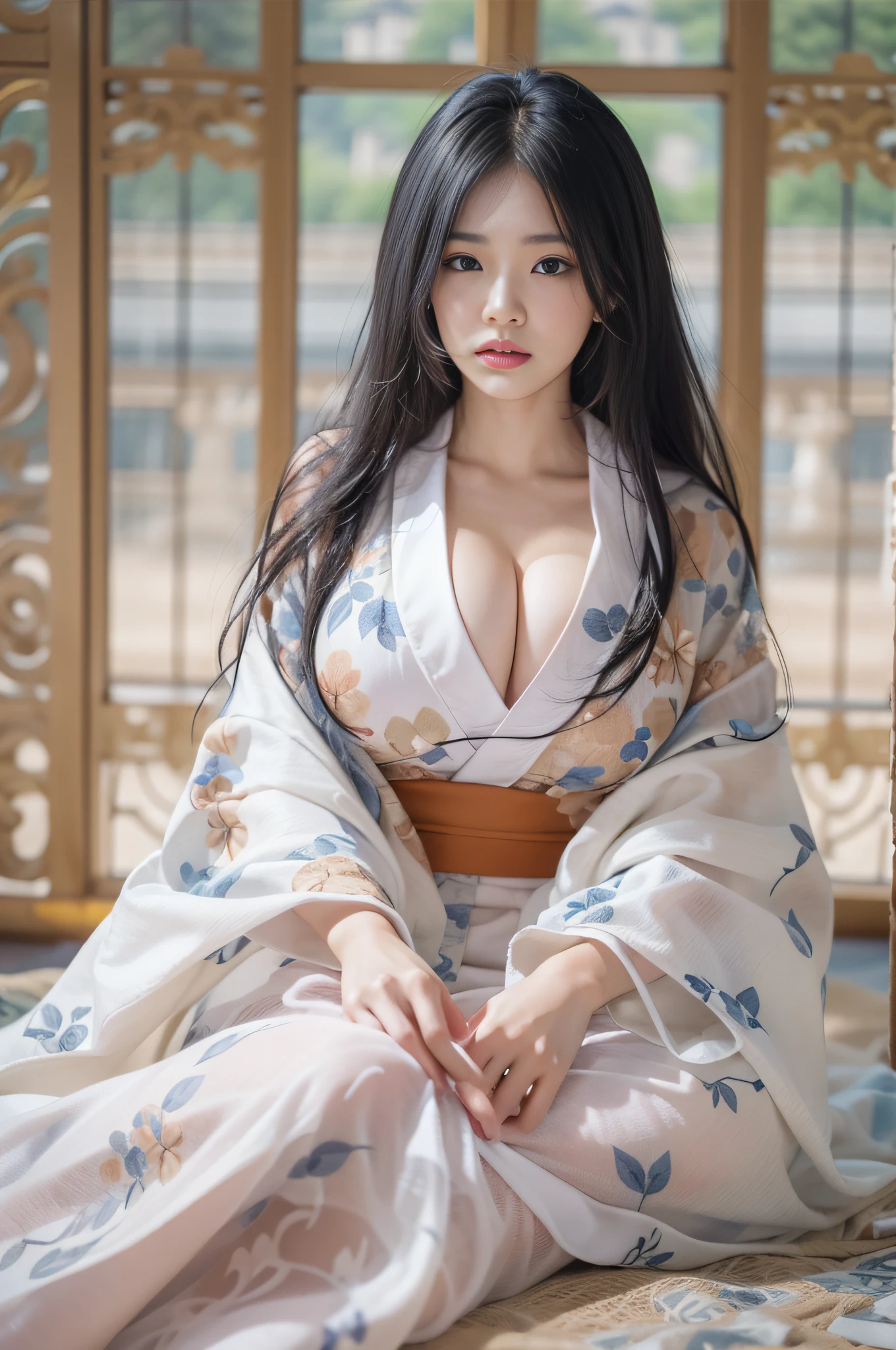 32 year old beautiful woman with attractive long black hair、Double eyelids、The background is the Palace of Versailles in France、Looking here、One white see-through yukata that sticks to bare skin、very large breast、wide open legs、The color and shape of the tip of the chest is visible 、You can see the color and shape of the areola、You can see through a lot of pubic hair、The entire chest shows through、