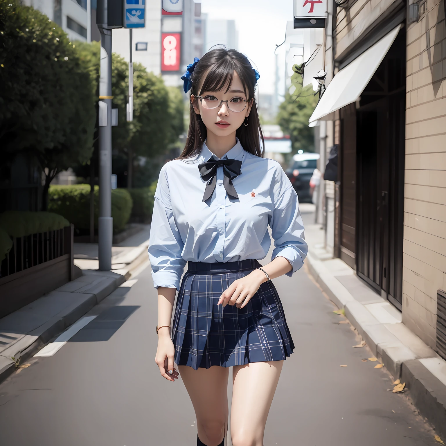 (8K、Raw photography、top-quality、masterpiece:1.2),full body Esbian,masterpiece,top-quality、超A high resolution,Raw photo,ren,Beautiful fece,One Person, 独奏,eye glass,,Dark look,Small breasts,fullllbody,Round glasses、cute little、A Japanese Lady,is standing,(Tight eyes,Bullish,skinny,Rasping,irate,small tits,flat breast)、(Photorealsitic:1.37)、Photon mapping,Light blue ribbon,Realistic、Cute little face,Brown-eyed、Black socks、Red bow tie、Radio City、Physically Based Rendering、Foreground、depth of fields、Blurry background、a picture,The girls、Body, Long legs, Thin leg, Single knot ponytail,Let your hair flow forward、(Bangs are visible), hair, s lips, Blue_The eye, nosesoft, Light blue shirt, Navy blue and blue and white plaid pleated skirt, Sheer clothing,, Thigh, Black cotton socks,Nogizaka Idol, 女優, Japanese ido