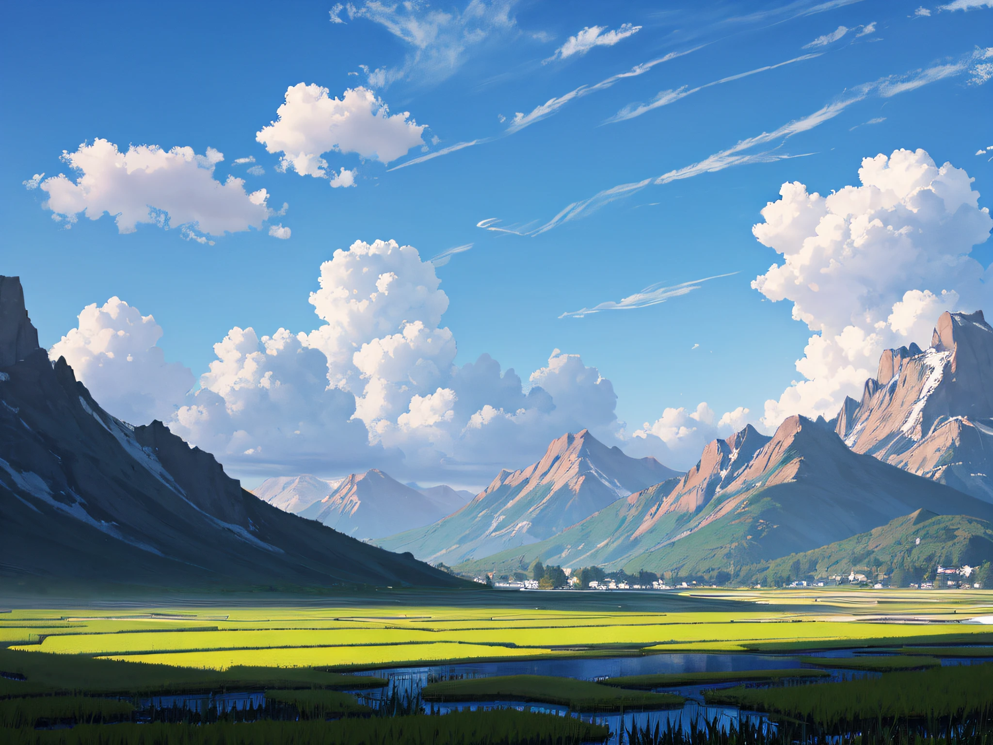 Scenery,ricefield,small stream,Mountains,with blue sky and white clouds --auto