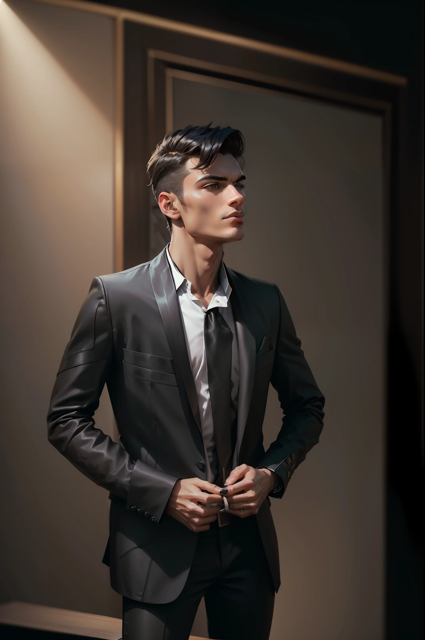 dxhr style young supermodel man sitting at a table, visible face with sleek black prosthetic hand on table, opulently accented black robotic hand resting on table, [sleek robotic arms, :0.3]sharp focus, shallow depth of field, volumetric lighting, warm tones, professional photography, macro close up, sharp focus on hand on table, detailed fingers in foreground, foreshortened perspective