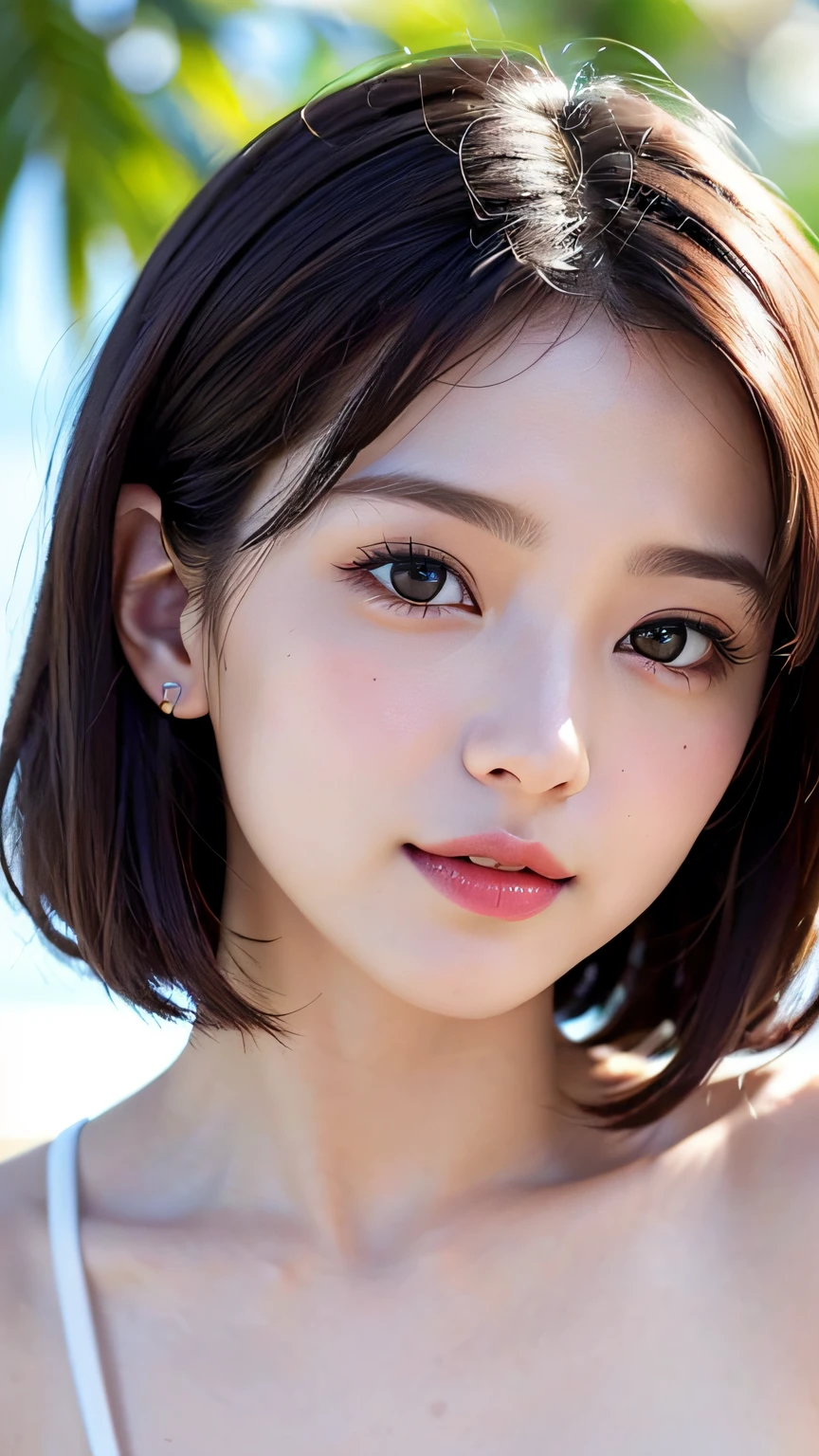 masterpiece、top-quality、超A high resolution、(photographrealistic:1.4)、((1girl in、White fair skin:1.4、close up of face、age19、spotless、cute little、A dark-haired、bobhair_cut、shorth hair、small tits:1.6))(Bikini swimwear:1.3)(portrait of japanese famous actress)、(A smile、Happiness、Joy、jolly、closes mouth)、、High detailed eyes、Really snow-white background、long neck、bangss、Lashes、Big eyes、the beach、full bodyesbian、the pose