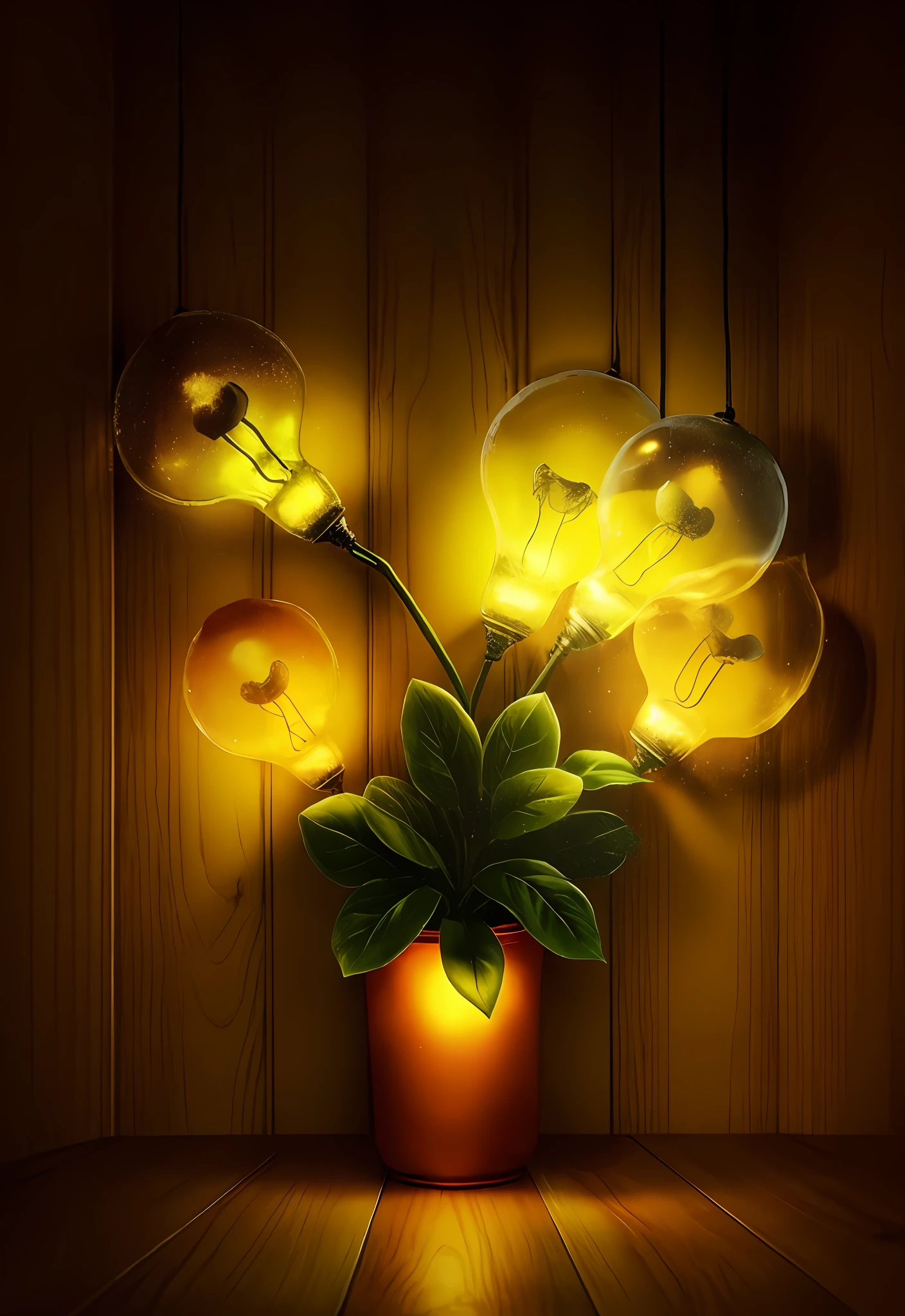 Ad creative，a pot of flowers，Ornaments，green leaf，((lightbulb)), Five electric lights，The lights came on，Each lamp shines with a blazing light，Interior decoration background，wood panel walls，a warm color palette，