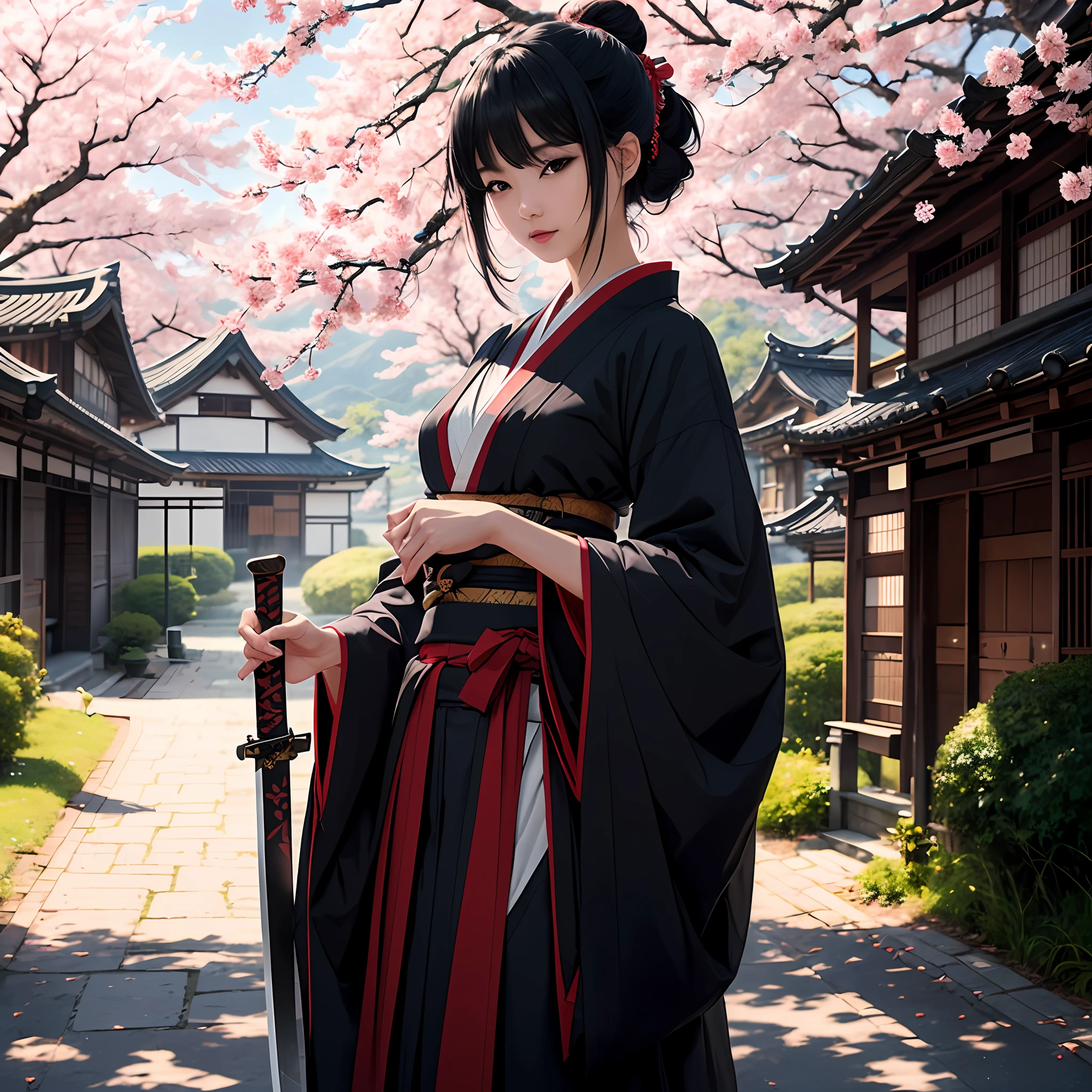 Attractive girl, shot black silky hair, samurai, wearing shinny black red kimono, holding shinny katana sword, old Japanese houses and cherry blossom trees on the background, masterpiece, 8k, trending on art station, correct anatomy, correct number of fingers, detailed face