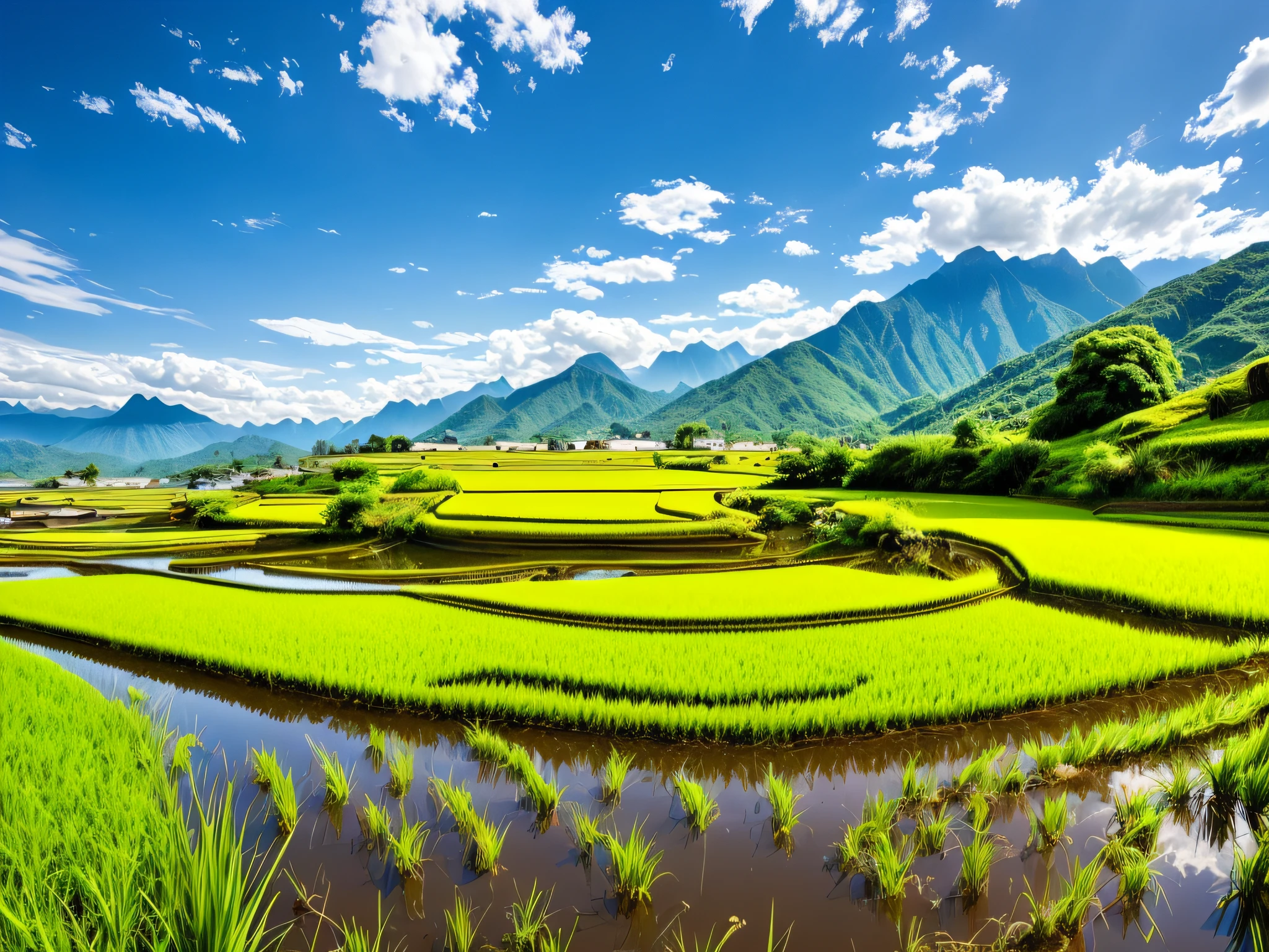 Scenery，ricefield，small stream，Mountains，with blue sky and white clouds，high qulity，4K，k hd --auto