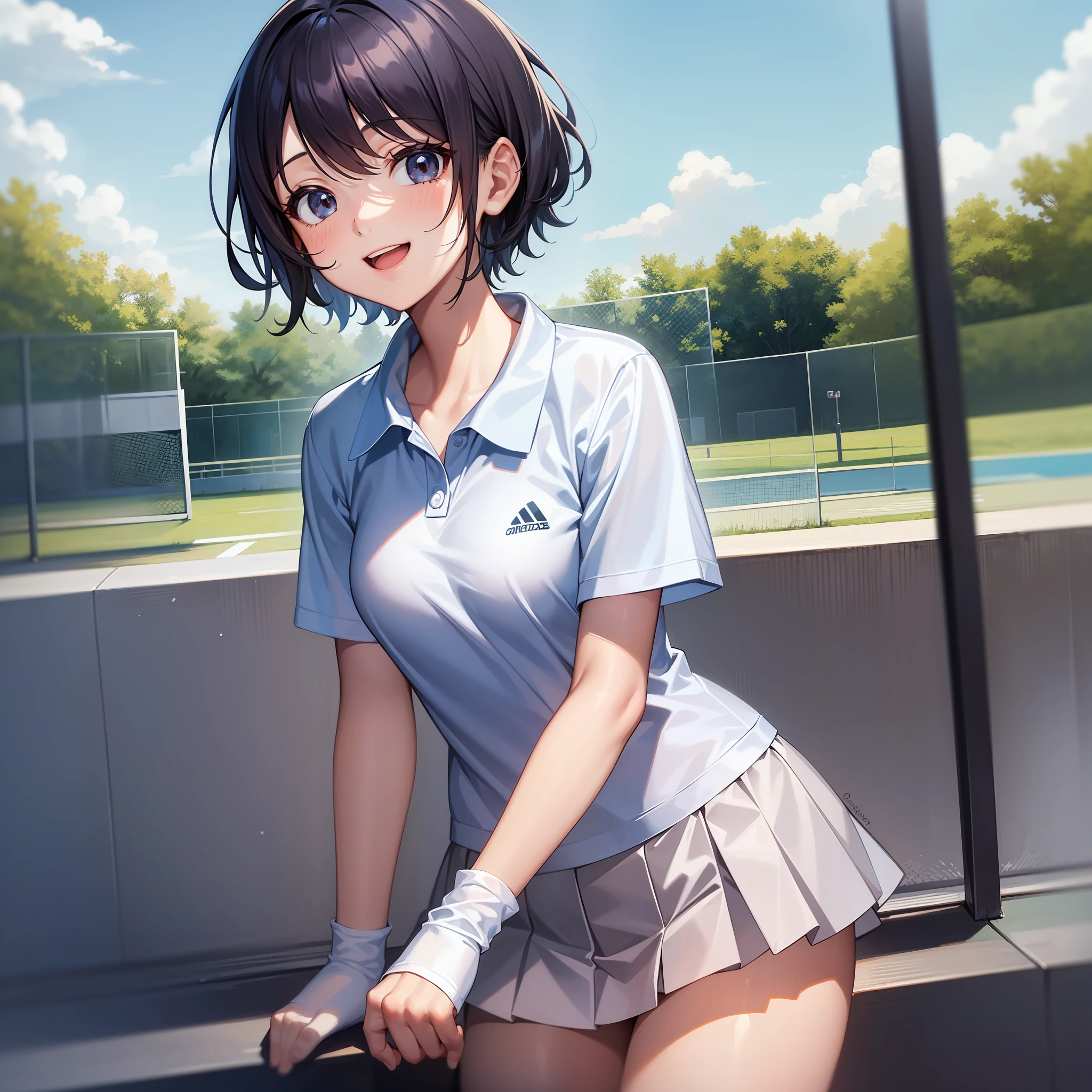 1girl,lightskyblue tennis wear,tiny breasts,cute face,smiling,short hair,black hair,public park,illustration style,masterpiece, extremely fine and beautiful,