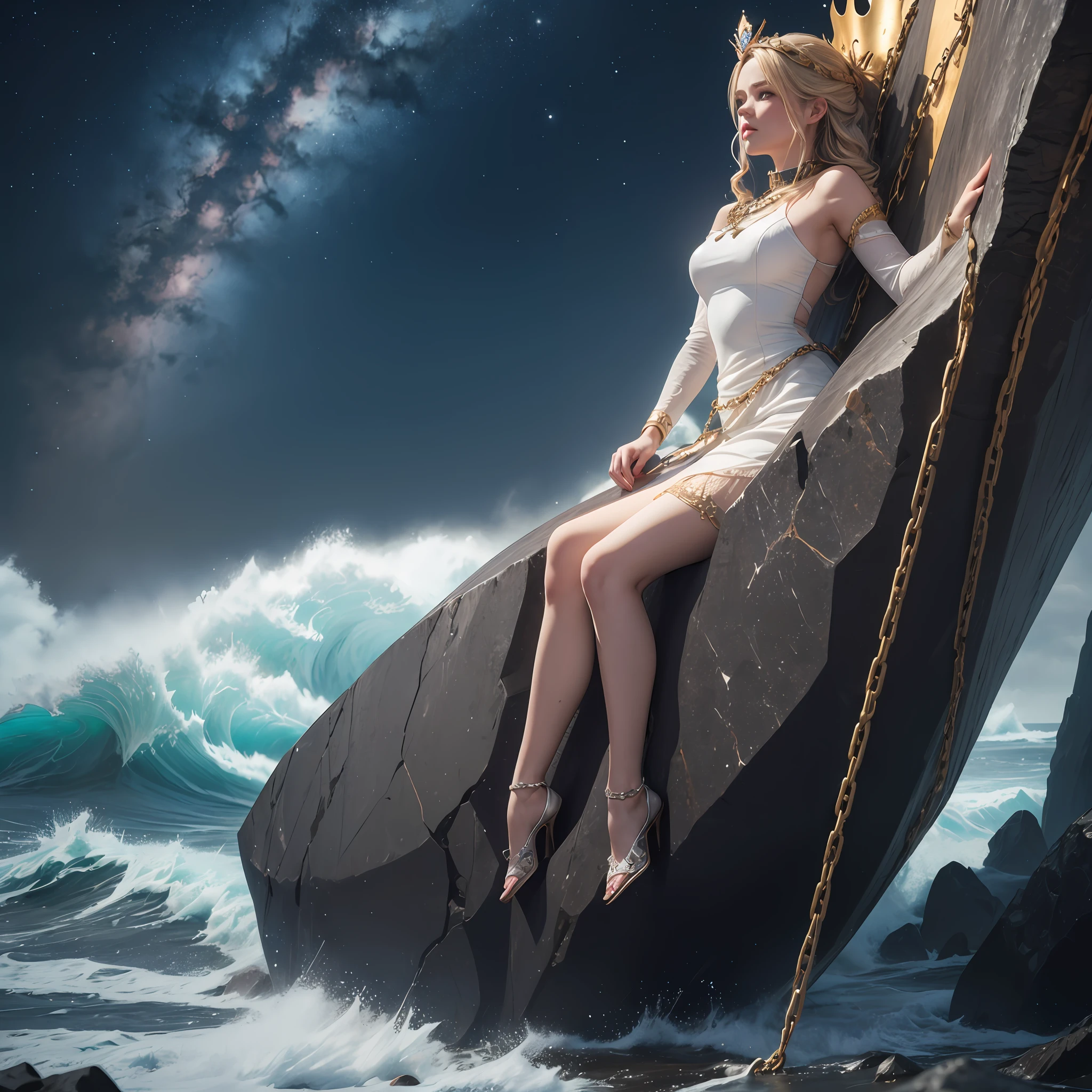 arafed, high details, best quality, 8k, [ultra detailed], masterpiece, best quality, (extremely detailed), a picture of a princess tied to a massive rock (1.3 Masterpiece, intense details) in a stormy sea (1.3 Masterpiece, intense details) with chains at night, blond hair hair, braided hair, crown (1.3 Masterpiece, intense details), white dress (1.4 Masterpiece, intense details), star light, distressed, Andromeda constellation in the background (1.4 Masterpiece, intense details), Ultra-Wide Angle, high detail, award winning, best quality, HD, 8K, 3D rendering, high details, best quality, highres, ultra wide angle, 3D rendering, [[anatomically correct]]