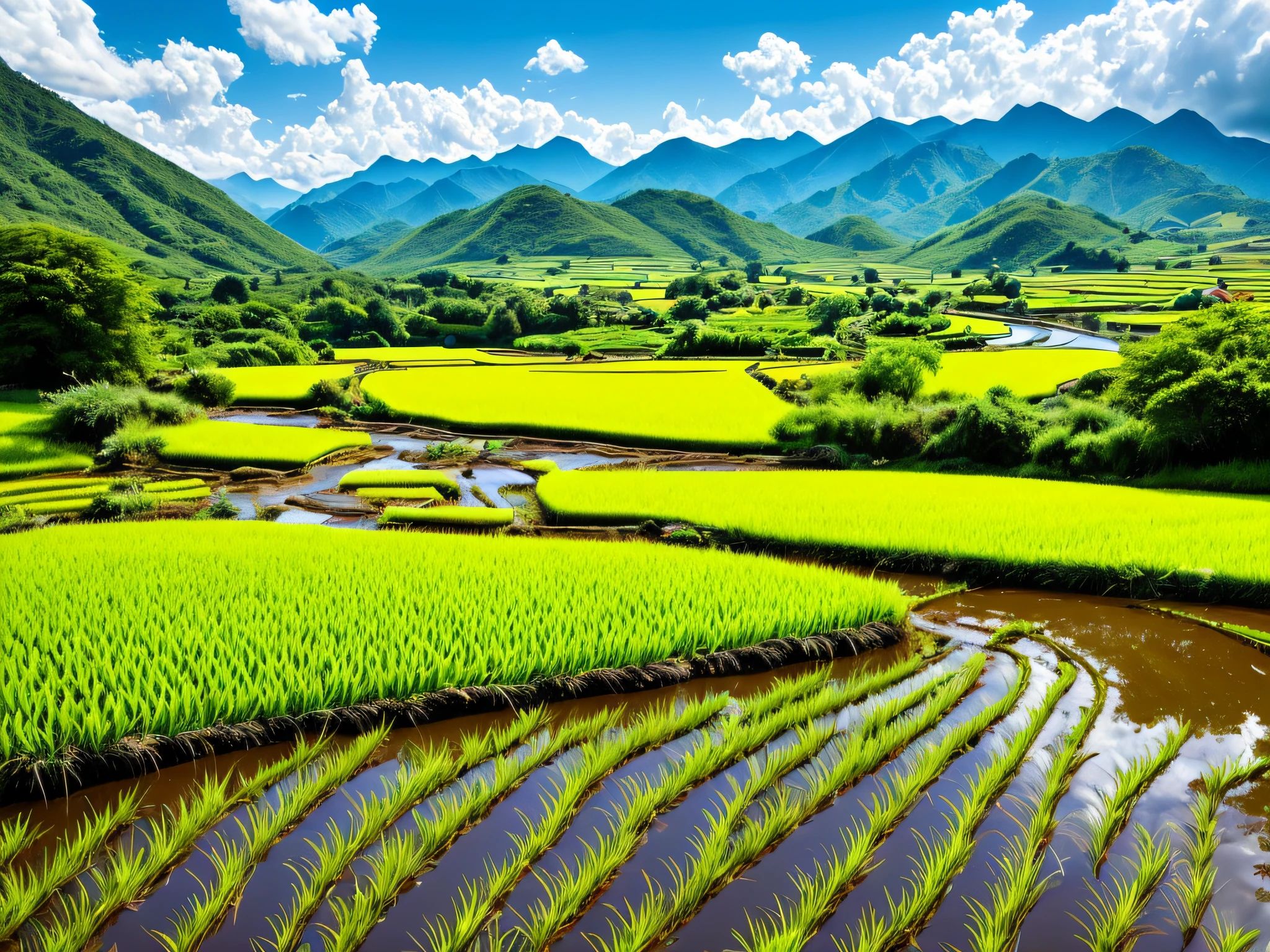 Scenery，ricefield，small stream，Mountains，with blue sky and white clouds，high qulity，4K，k hd --auto