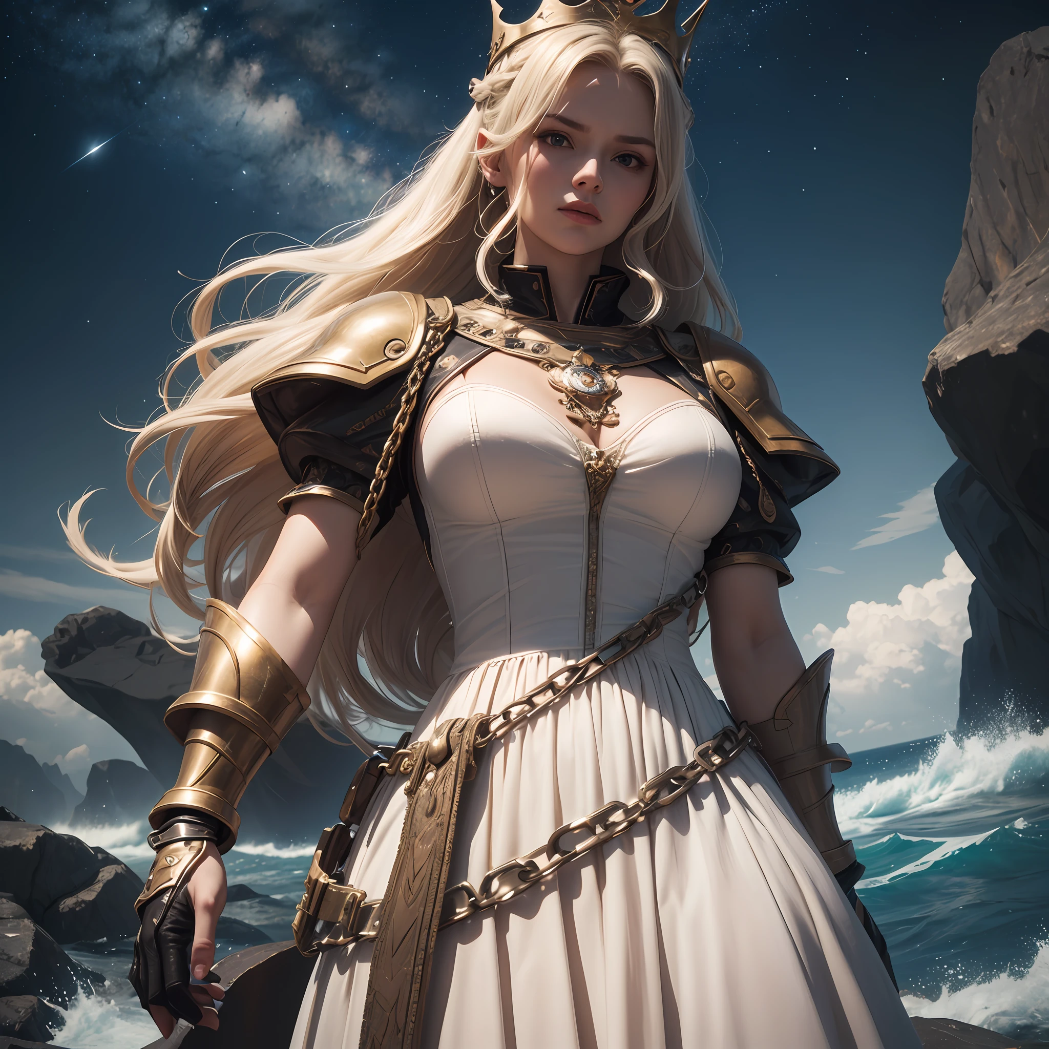 arafed, high details, best quality, 8k, [ultra detailed], masterpiece, best quality, (extremely detailed), a picture of a princess tied to a massive rock (1.3 Masterpiece, intense details) in a stormy sea (1.3 Masterpiece, intense details) with chains at night, blond hair hair, braided hair, crown (1.3 Masterpiece, intense details), white dress (1.4 Masterpiece, intense details), star light, distressed, Andromeda constellation in the background (1.4 Masterpiece, intense details), Ultra-Wide Angle, high detail, award winning, best quality, HD, 8K, 3D rendering, high details, best quality, highres, ultra wide angle, 3D rendering, [[anatomically correct]]