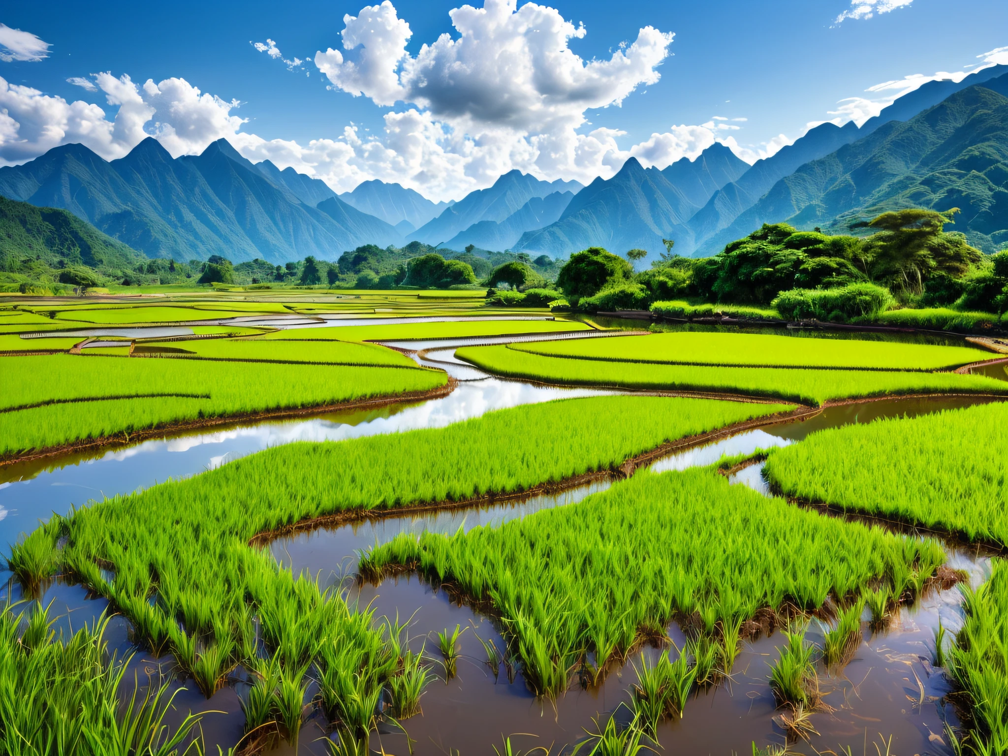 Scenery,ricefield,small stream,Mountains,with blue sky and white clouds,high qulity,4K,k hd --auto