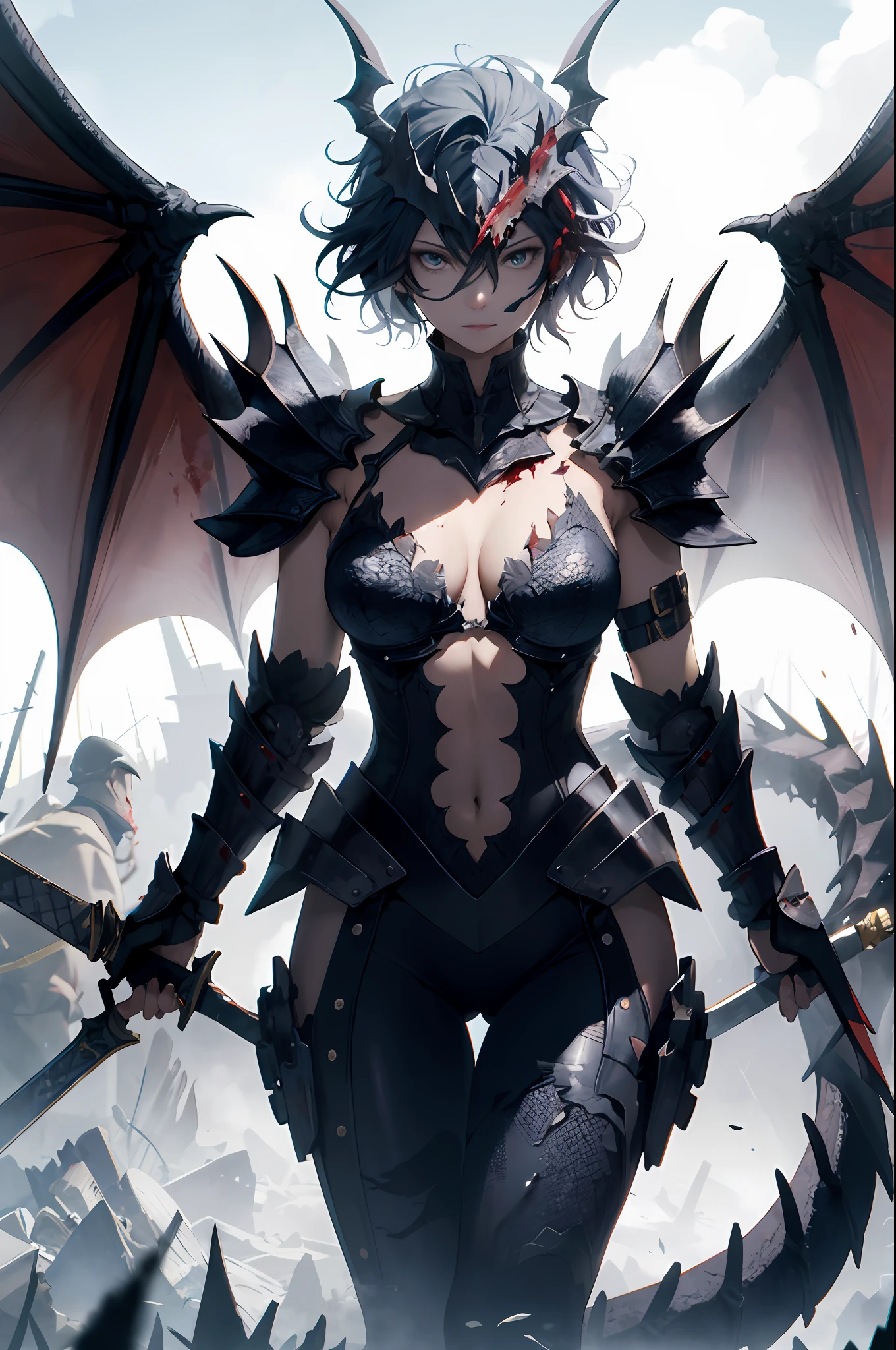 blood vess、atrocious、A high resolution、Real portrait skin,ultra - detailed,Bones are everywhere、Broken weapons are scattered everywhere、The ground is vertically covered with weapons、There was undried blood on the weapon,The top of the pile of bones,A woman who is,crisp breasts,Wearing shiny armor,The armor is covered with black dragon scales,The hands are supported with broadswords,The broadsword has a shining dragon pattern on it、(The sword pierces the monster's head,1.3),The sky is gloomy。