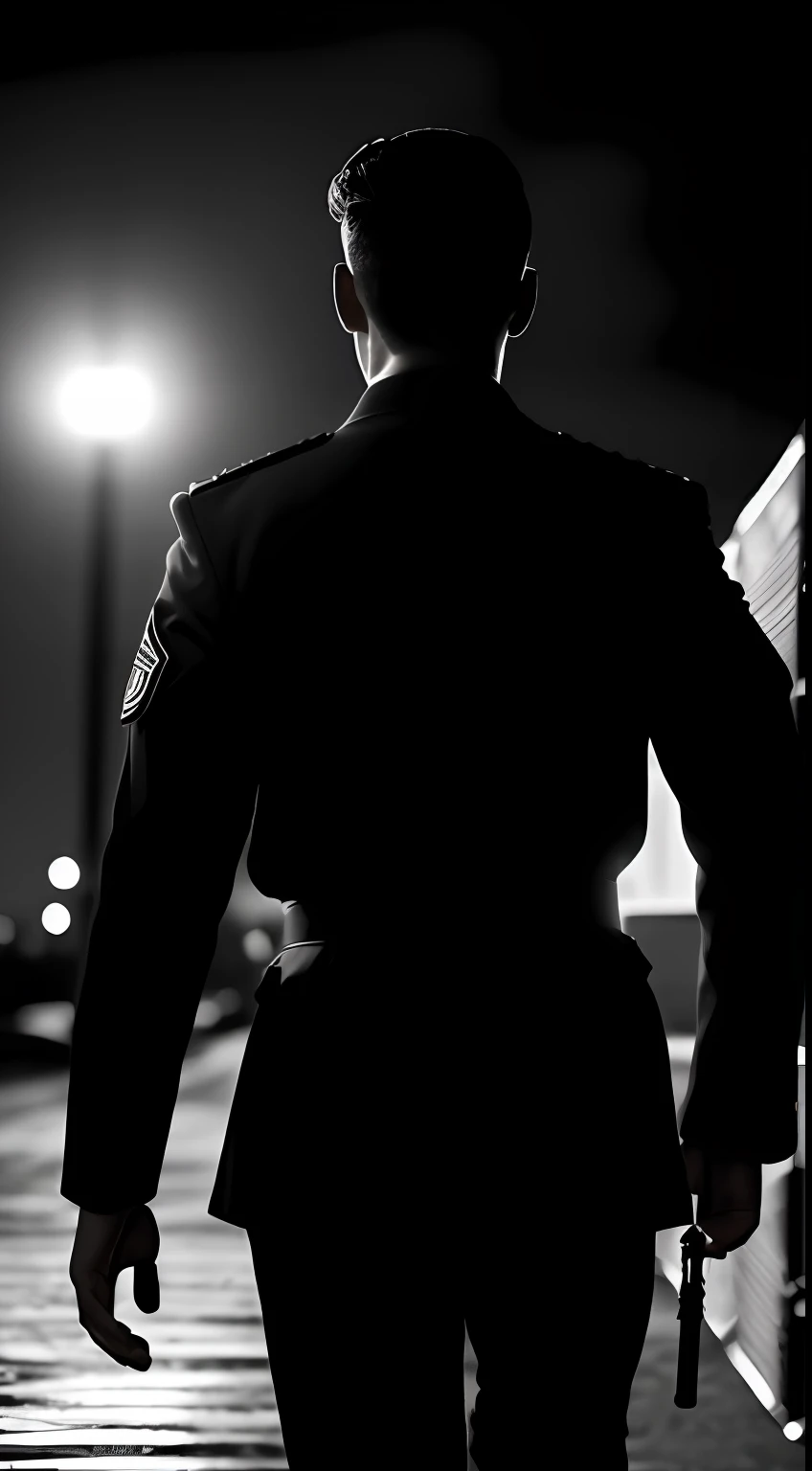 (masterpiece, 8K, photo-realistic:1.3), enigmatic warfare specialist, (black uniform:1.2, adorned with undisclosed insignia:1.1), leading Mossad agents, hushed whispers, darting eyes, secret operation, dockside setting, weathered warehouses, distant silhouette of a cargo ship, 1950s era, cool moonlit night, (vintage photograph texture:1.2), silhouetted figures, monochromatic colors, shot from behind, tense atmosphere.