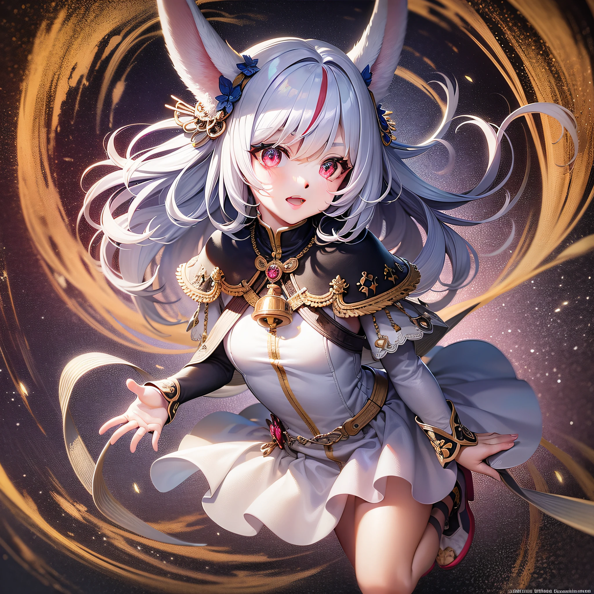1 mini girl, solo, chibi, (white rabbit ears), white rabbit tails, glowing red eyes,rabbit mouth, floating white and black streaked hair, white coat and white skirt(full body), looking at viewer, colorful shining star around, multicolored background, floating,
((masterpiece)), ((best quality)), ((highly detailed)), (detailed face), (official art), side light, nice hands, perfect hands,