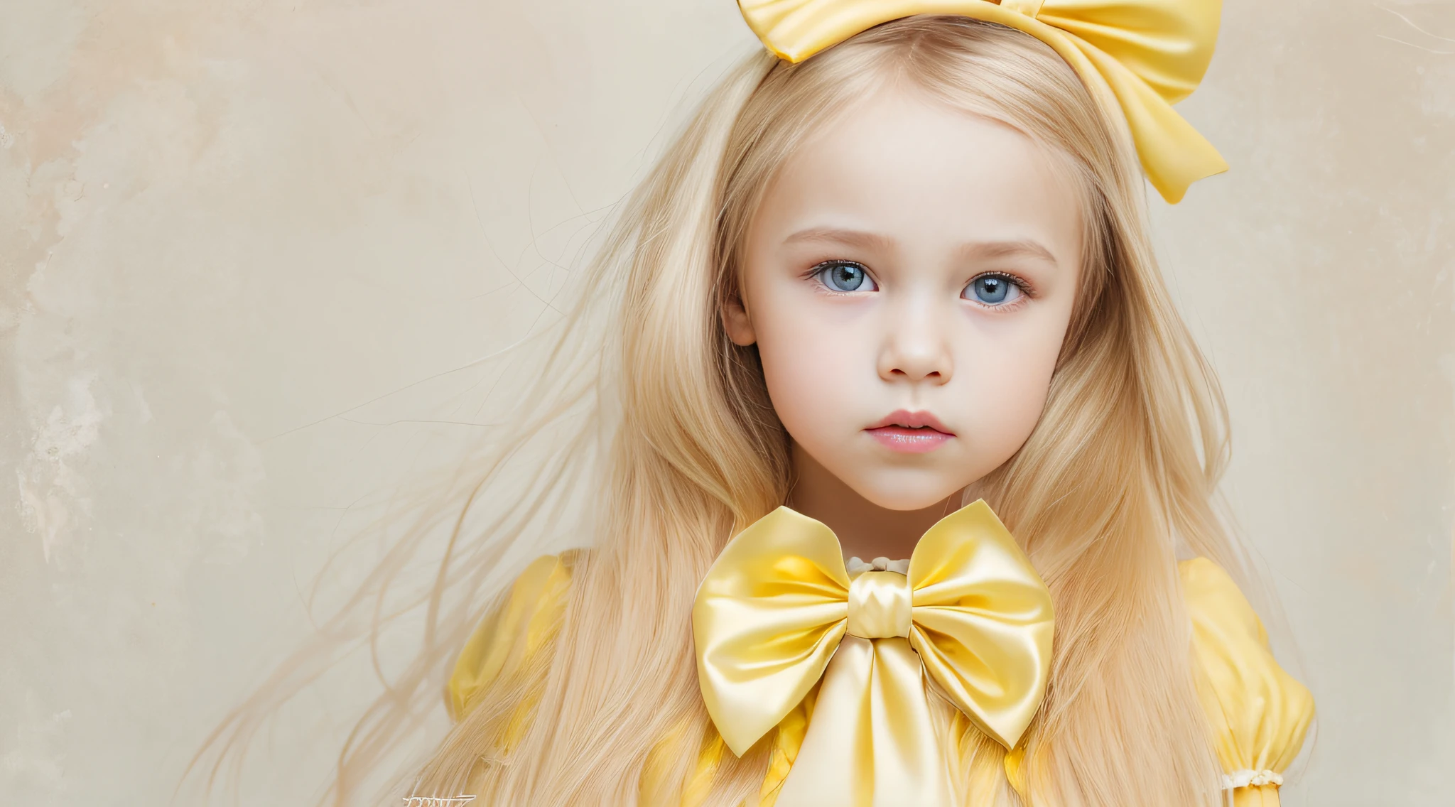 Russian style, girl , photo studio white infinite background, close-up, bust, portrait, long blonde hair and giant bow YELLOW on head