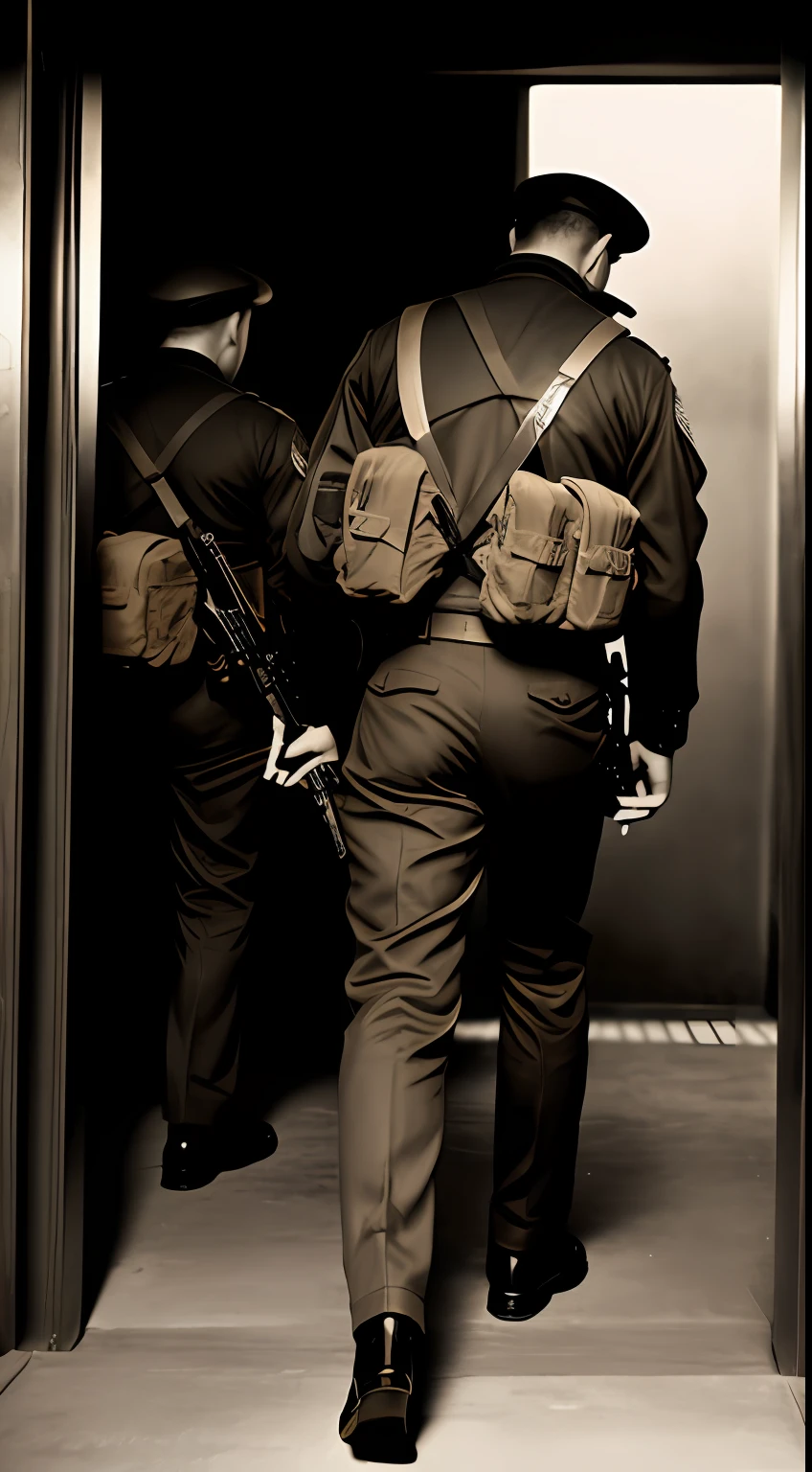 {A mysterious warfare specialist in black uniform, leading a small unit of Mossad agents into a secret operation in the 1950's. They are poised, focused, and exhibit an air of determination}, vintage photograph, historical, no art inspiration, EE 70mm lens, shot from behind the warfare specialist, detailed, high resolution, soft ambient light, golden ratio, (sepia:1.3), (historical accuracy:1.25).