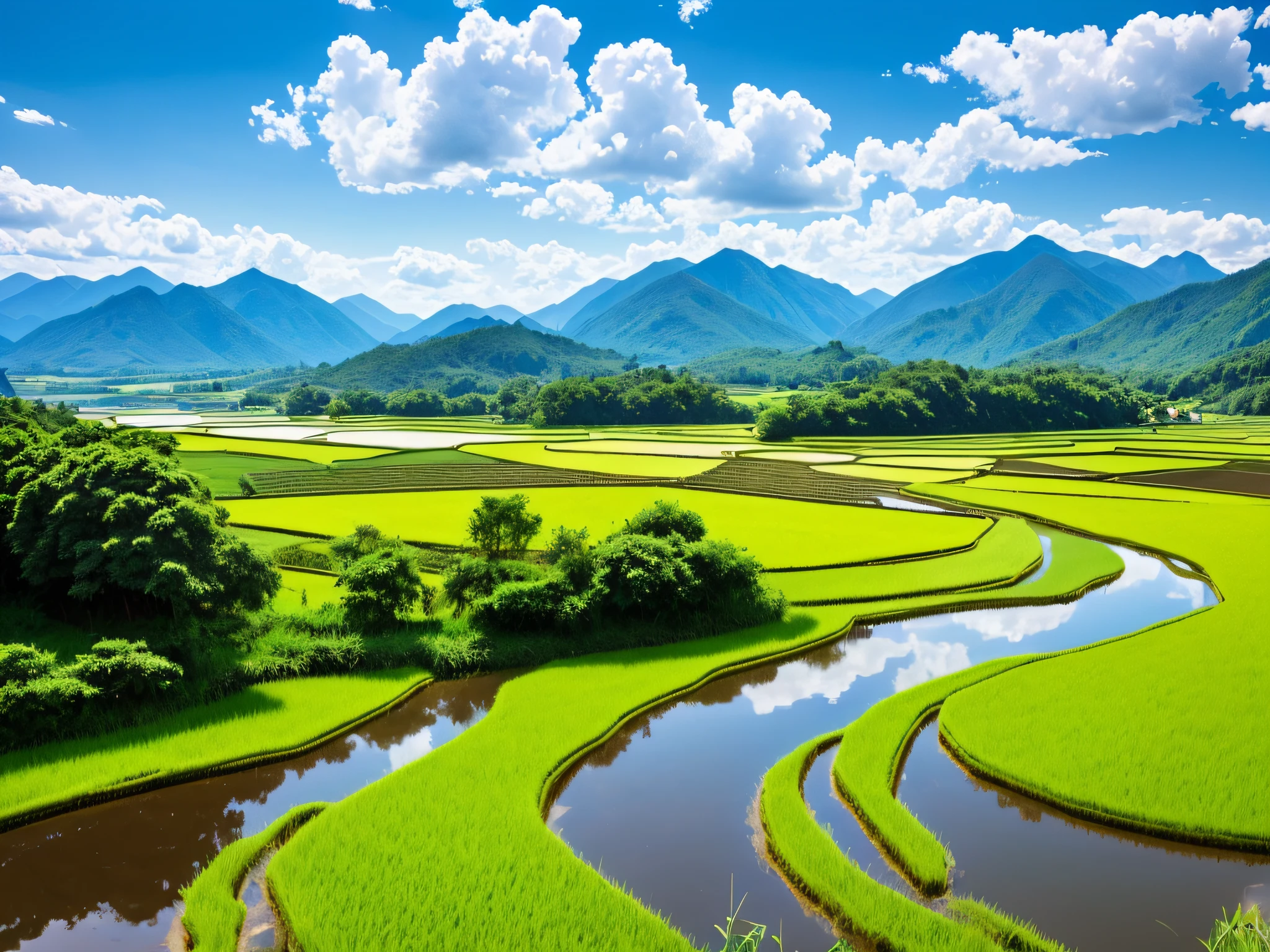 Scenery，ricefield，small stream，Mountains，with blue sky and white clouds，country road，high qulity，4K，k hd --auto