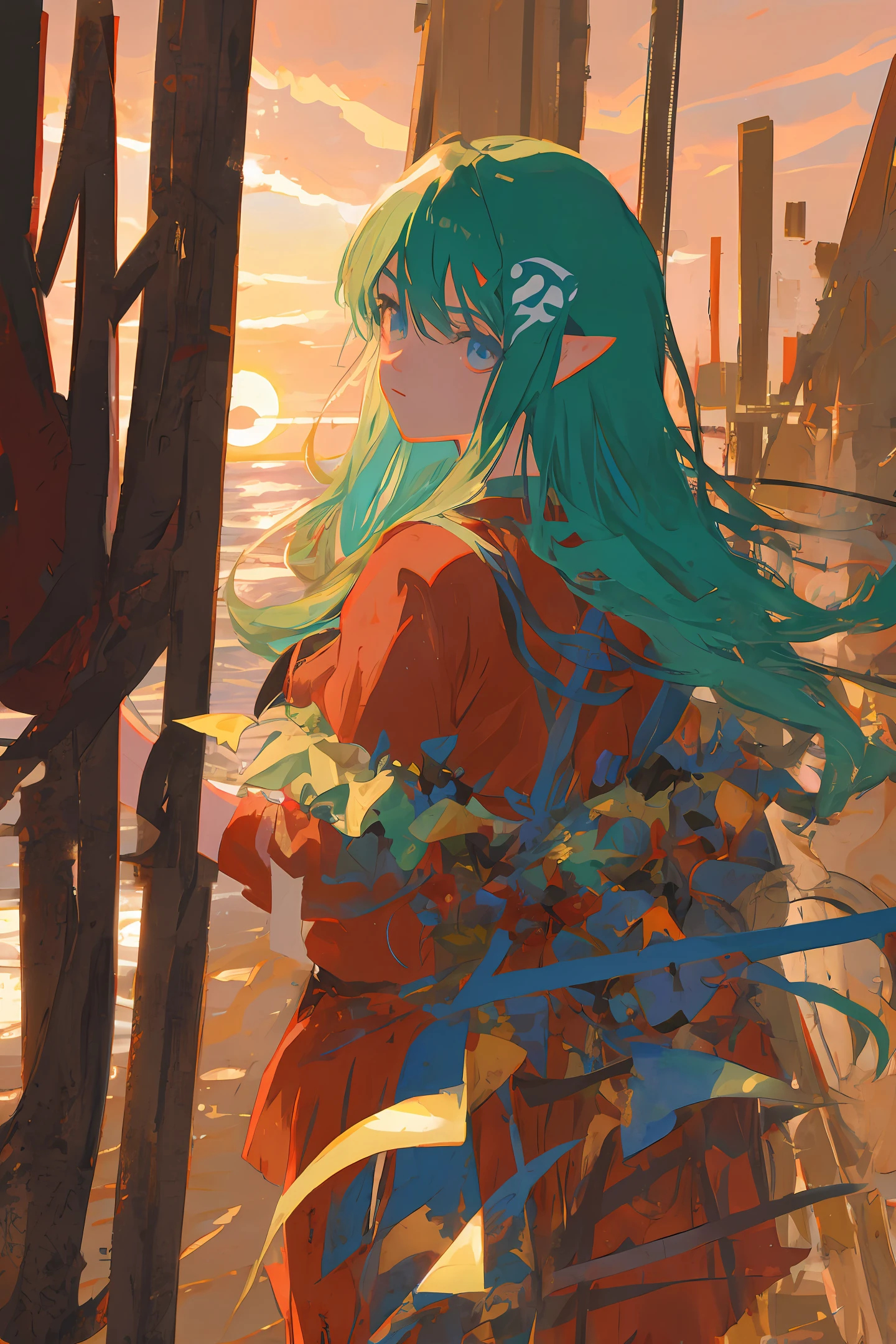 Sunset light and shadow, close-up avatar, atmosphere, anime, red clothes, antique