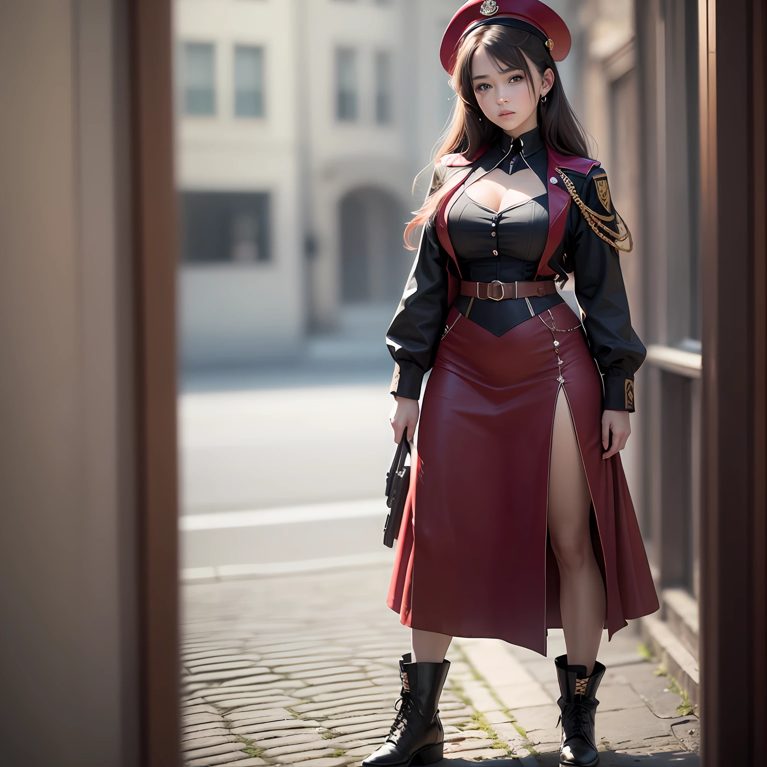 One girl, full body, obscure, detail clothing, excessive skin exposure , (red gothic dress) , military uniform , compact machine gun 1 , military armament, (delicate illustrations: 1.4), (masterpiece: 1.0), (best quality: 1.4), (ultra high resolution: 1.2), (photorealistic: 1.4), ( 8K, RAW photos: 1.2), ( soft focus: 1.4), (18yo:1.3), ( Sharp Focus: 1.4) ,