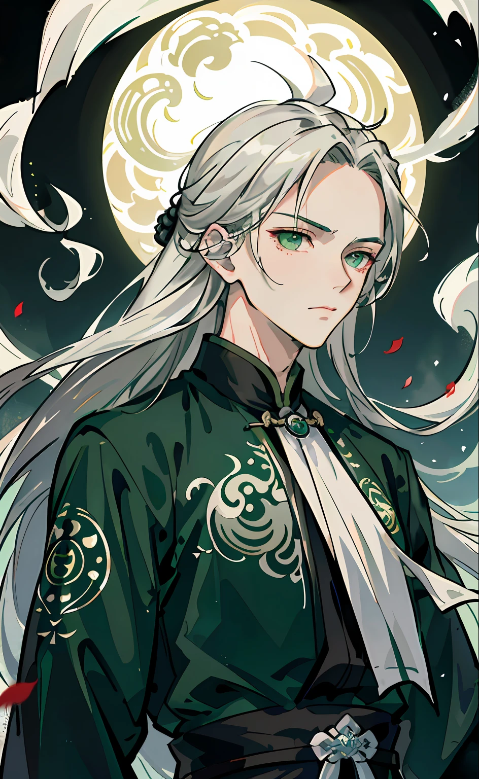 Adult male, strong, green eyes, long silver hair, floating hair, forehead wipe, resolute eyes, complex white Taoist Taoist uniform, gorgeous accessories, magic smoke around him, fov, f/1.8, masterpiece, ancient Chinese architecture, night, flower petals flying, front portrait shot, side lighting, moonlight shining on people, 8K