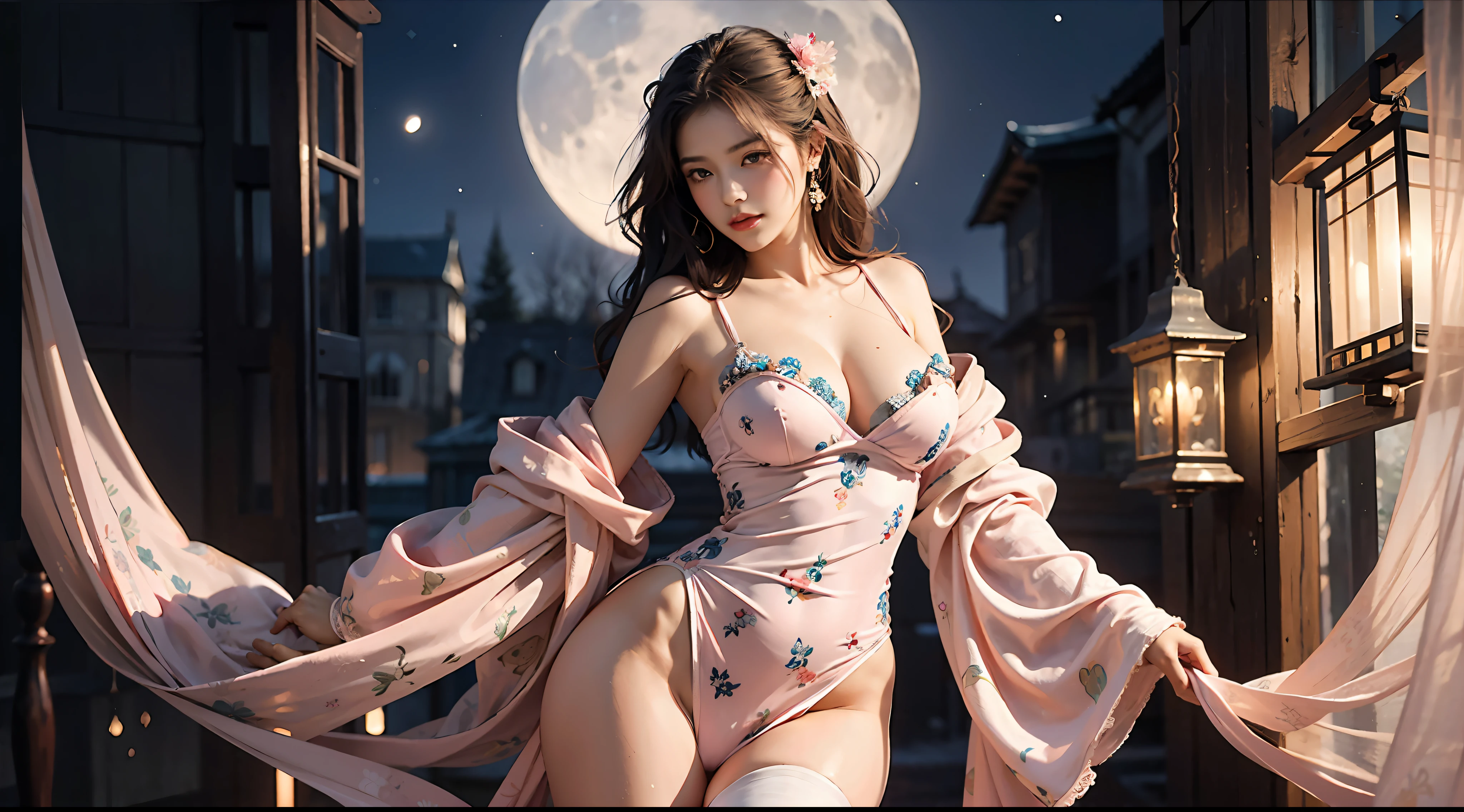 The art depicts a charming woman dressed in a flowing, silky traditional oriental dress, pink, decorated with intricate patterns and bright colors. Her dress drapes elegantly over her curvy figure, accentuating her seductive silhouette. She stood gracefully in the quiet moonlit night, bathed in the soft glow of the moonlight. The scene exudes an ethereal and dreamy atmosphere, with a touch of mystery and sexiness. The graphic style blends watercolor and digital illustration techniques to evoke a refined beauty and charm. The lights are filled with soft moonlight, casting soft highlights and shadows on her charming features. Bare thighs, big breasts