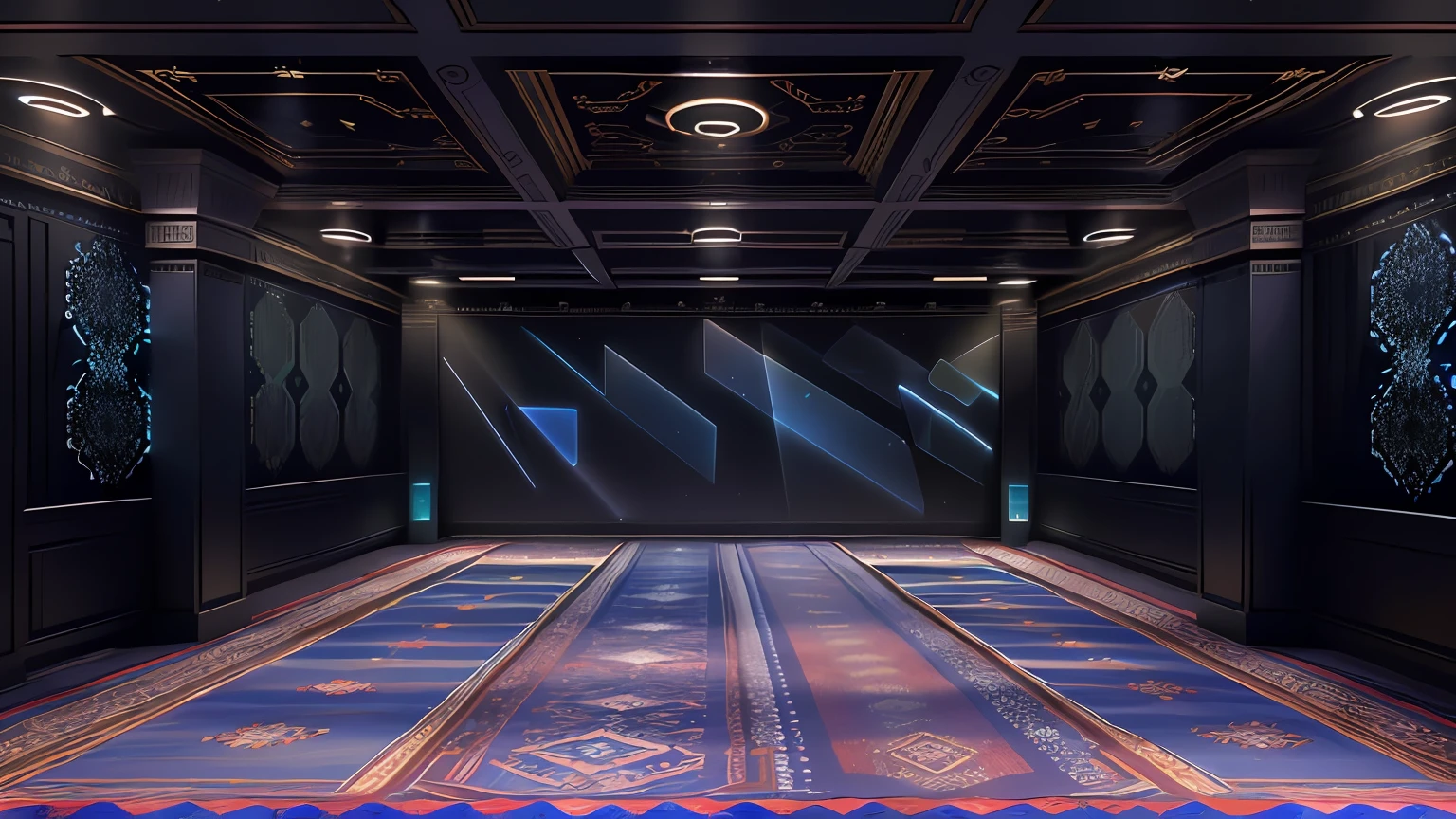 there is a room with a carpet and a wall with lights, everything is carpet and 3d, carpet, ji-min, ilya kushinov, carpeted floor, installation, maxim sukharev, azamat khairov, aleksander rostov, dancefloor, sergey krasovskiy, projection design installation, indoor liminal space