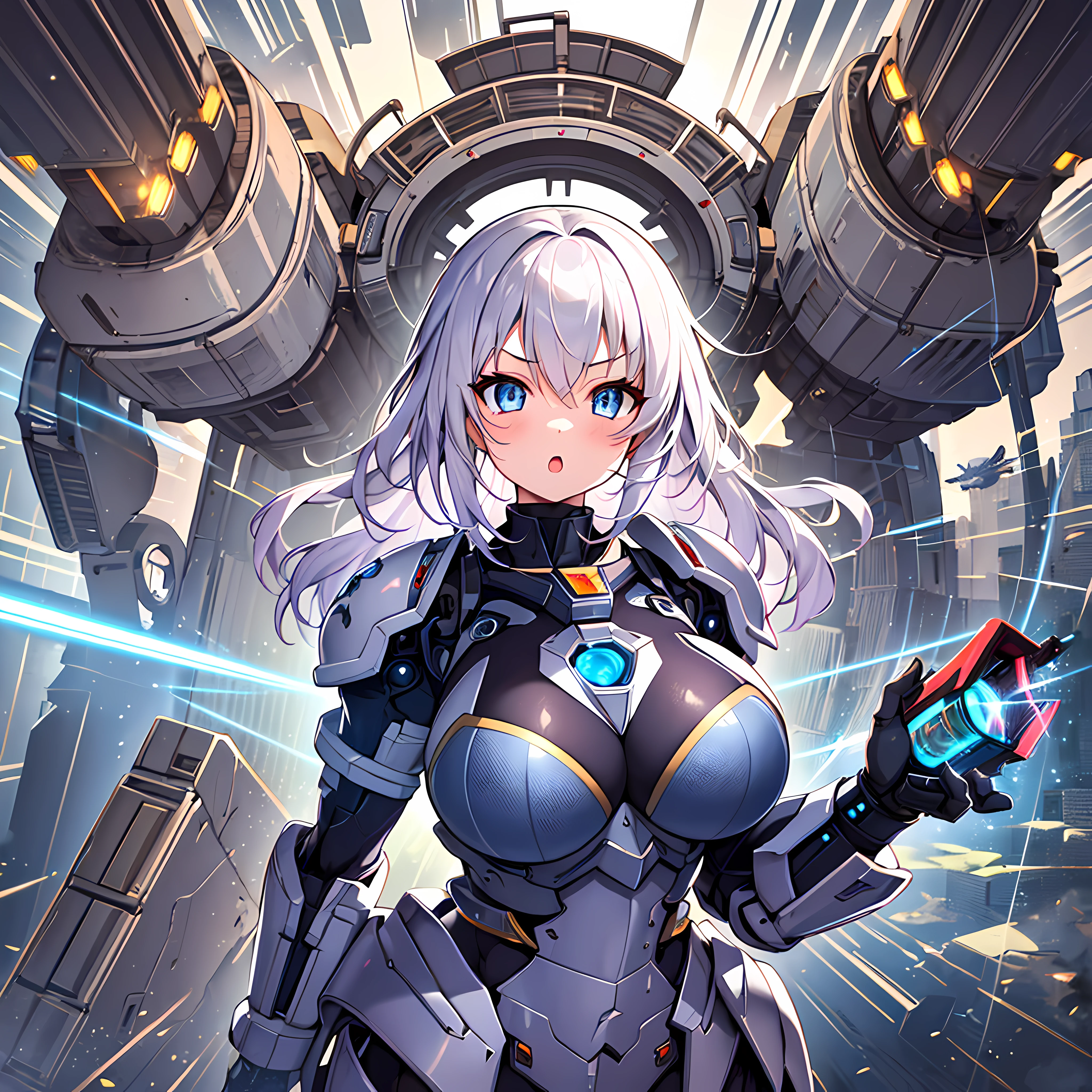 1girl, Sci-fi, Mecha Armor, Silver Metallic Armor, Gigantic Gatling, Gigantic Plasma Launcher, Gigantic Laser Rifle, Futuristic, Plasma Canister, Energy Core, Intricate Detail, Super Detail, 8k Wallpapers, Best Quality, UHD, Masterpiece, Anatomically Correct, Textured Skin, Beautiful Detailed Skin, Beautiful Eyes, High Details, Insanely Detailed, High Quality, Highres, 1080P, 16k, Beautiful And Graceful, Breathtaking, Anime Epic Artwork