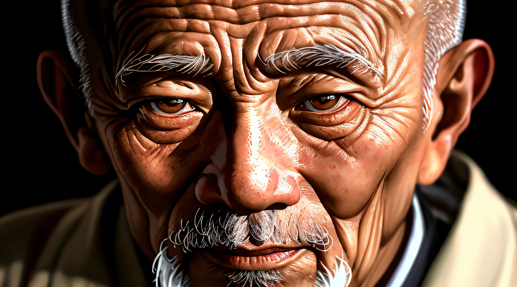 A photographic portrait of an elderly Chinese man, a wise ancient bald, with wrinkled and aged skin. His eyes have a penetrating gaze, and his face displays prominent details. The photograph was taken in a dark studio, with ring light illumination, using a Nikon D850 camera and a 50mm lens with f/1.4 aperture.