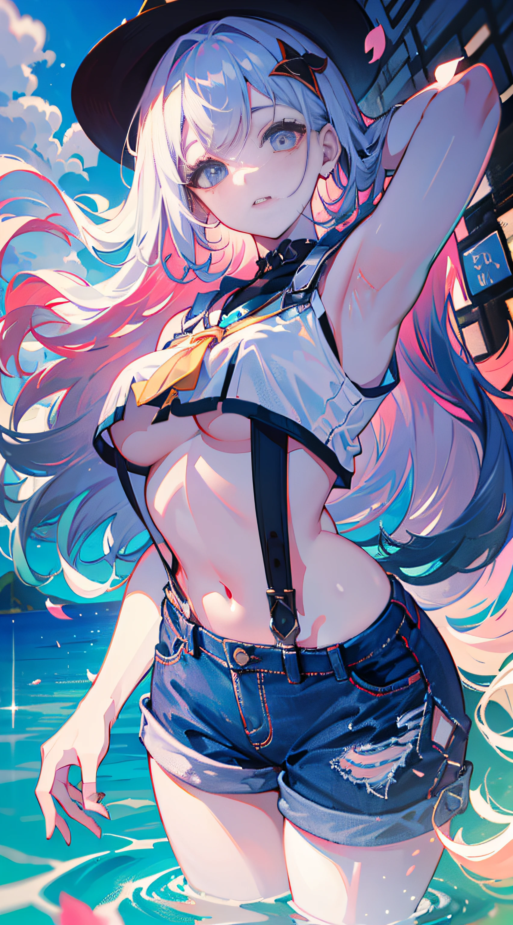 （excellence，Best-aesthetic，best qualtiy，tmasterpiece，extremely detaile，anime big breast），1girll，独奏，perfect breastm，Look at the sky，Suspender dark blue denim shorts，Super short half white T-shirt,underboob,Bare lower breasts,Dynamic Angle,(Falt color:1.3),(Look at Vivier:1.8),Colorful,(Floating colorful wind),(Highest picture quality),(Master's work), (Detailed eye description),(macro shot:1.25),(8K wallpaper),(Detailed face description),Depth of field,(Lens flare),floating colorful water,rain,Small rivers,wilderness,Small dust, ((breeze)), (Floating wind),Summer,Sunset, horizon,(The background is blurred out), Road by the sea,Mountains and forests,water,wading,partly_submerged,(Strong sunlight:1.2),(altocumulus:1.2),Bird, Butterfly, Falling petals,(Close-up:1.2),(fish eye:1),The hair is gray and pink, Eyes,Detailed beautiful eyes, 耳Nipple Ring,(From above:1.3)