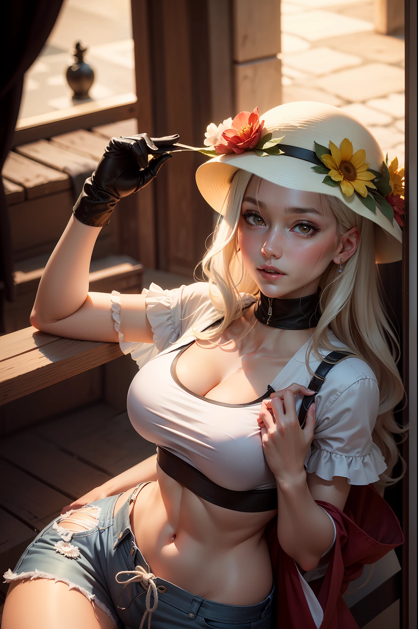 ((Best Quality, 8K, Masterpiece: 1.3)), (Flower Hat: 1.3), Focus: 1.2, Perfect Body Beauty: 1.4, Buttocks: 1.2, (Layered Haircut: 1.2)), (Dark Street: 1.3), Highly detailed face and skin texture, Full body, Fine eyes, Double eyelids, Whitened skin, Long hair, (Round face: 1.5), (Loose crop top, Shorts: 1.6) cleavage prominent pleated skirt Big breasts leaking long legs, ((Mall))