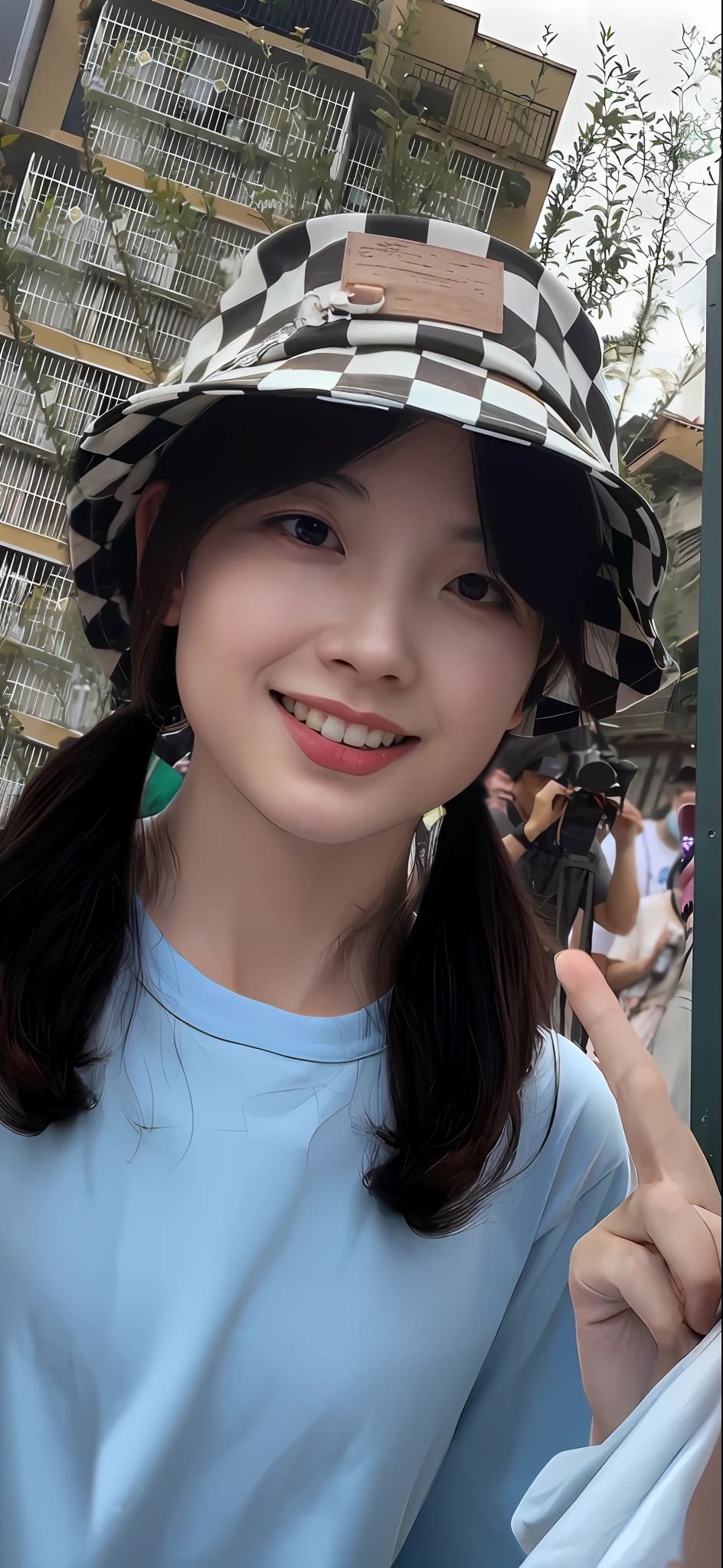There was a woman wearing a hat,Marked by peace, young cute wan asian face, xintong chen, wan adorable korean face, wenfei ye, xision wu, Chinese girl, yanjun cheng, 8k selfie photograph, chiho, young lovely Korean faces, 19-year-old girl, Anime Thai girl, Lovely smile,Nude apron