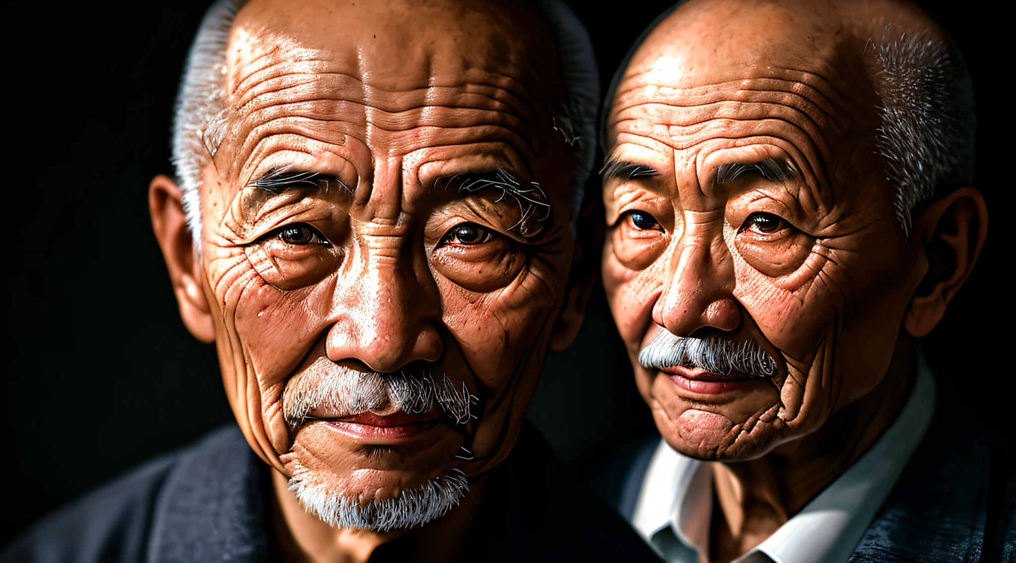 A photographic portrait of an elderly Chinese man, a wise ancient bald, with wrinkled and aged skin. His eyes have a penetrating gaze, and his face displays prominent details. The photograph was taken in a dark studio, with ring light illumination, using a Nikon D850 camera and a 50mm lens with f/1.4 aperture.