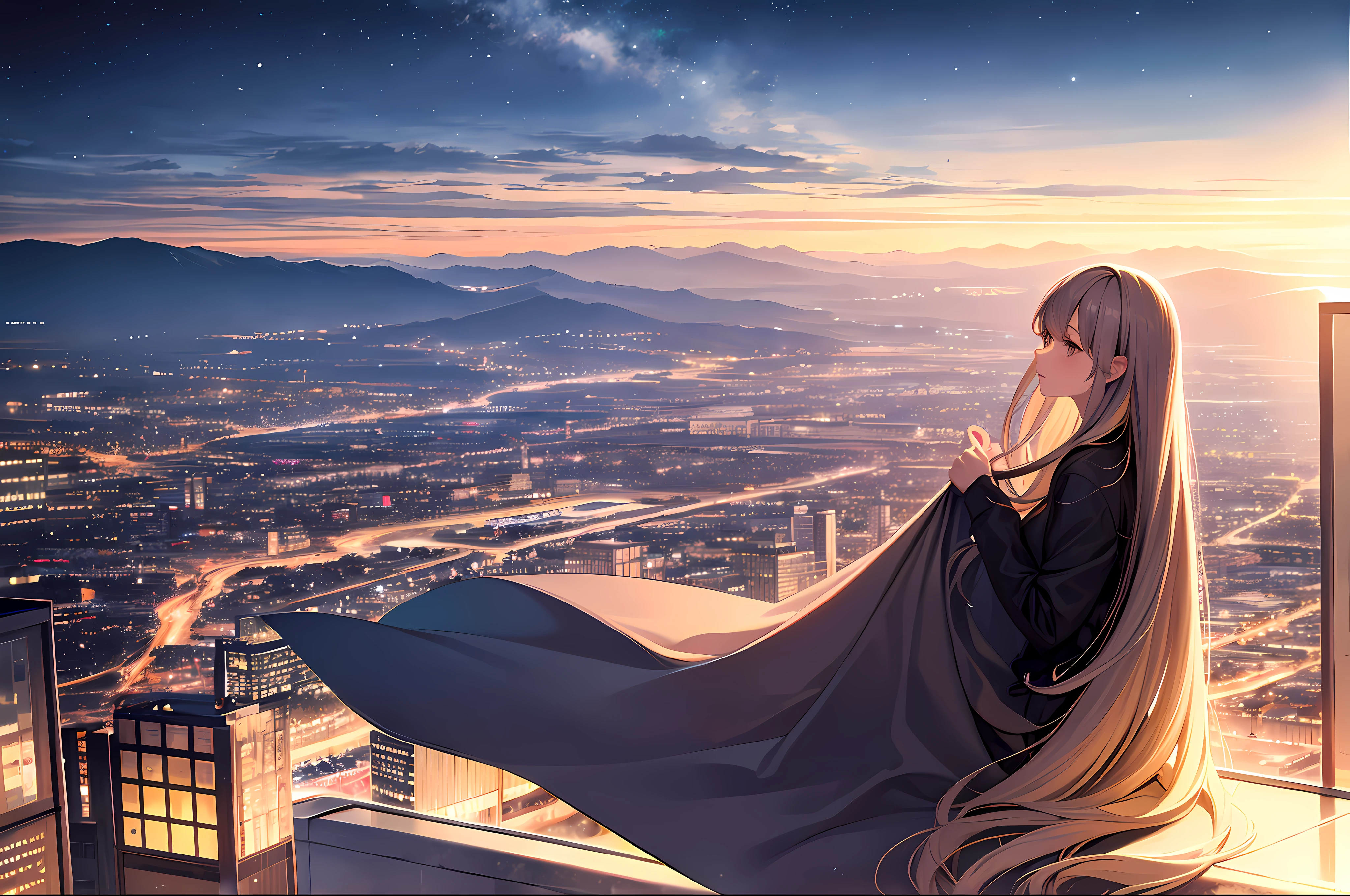 octane, sky, Star (sky), scenery, Starry sky, Night, 1girll, Night sky, Solo, Outdoors, signatures, Building, Cloud, Milky Way, Sitting, tree, a white long skirt，long whitr hair, City, Silhouette, Cityscape