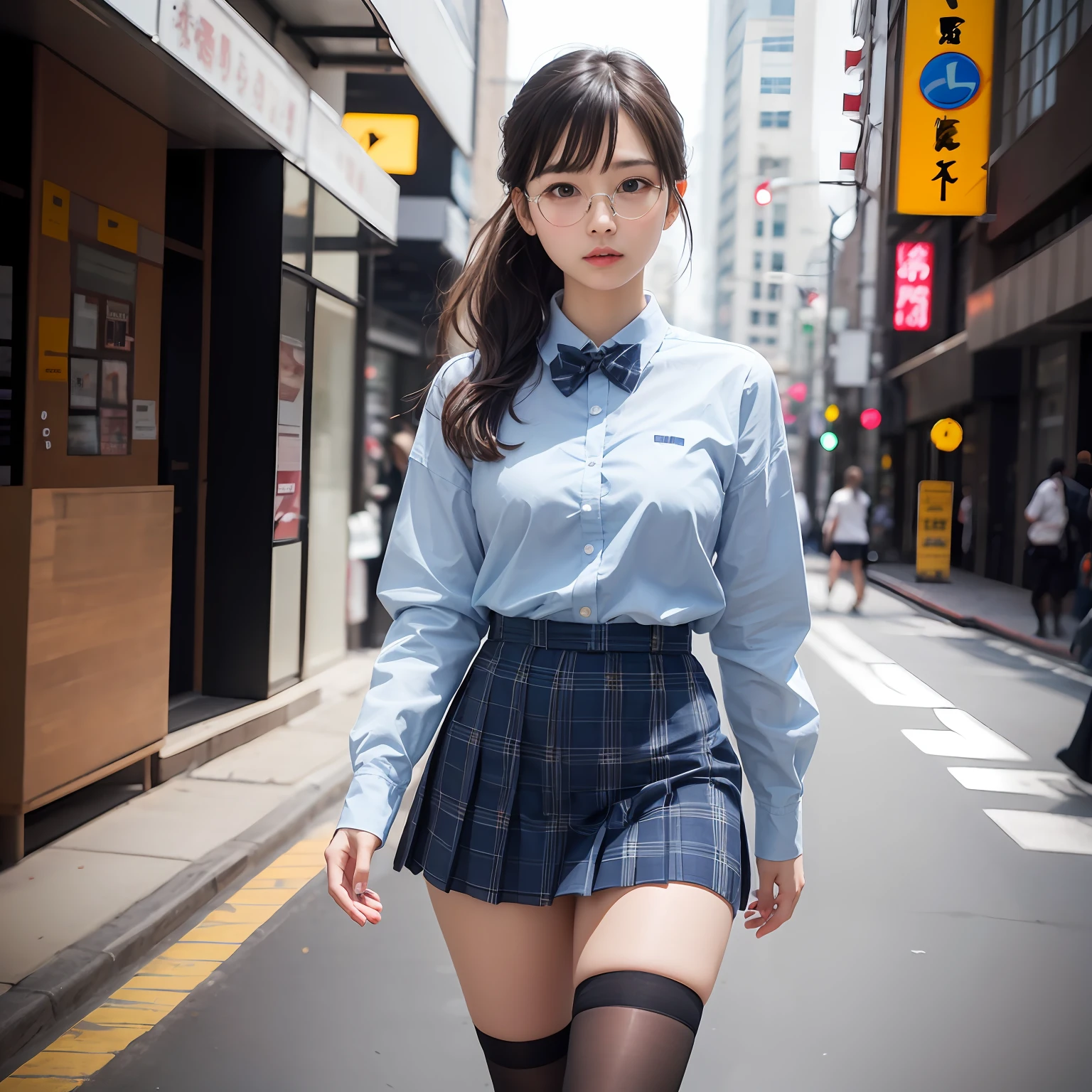 （8K、Raw photography、top-quality、​masterpiece：1.2）,full body Esbian,​masterpiece,top-quality、超A high resolution,Raw photo,ren,Beautiful fece,One Person, 独奏,eye glass,,Dark look,Small breasts,fullllbody,Round glasses、cute little、A Japanese Lady,is standing,(Tight eyes,Bullish,skinny,Rasping,irate,small tits,flat breast)、（Photorealsitic：1.37）、Photon mapping,Light blue ribbon,Realistic、Cute little face,Brown-eyed、Black socks、Red bow tie、Radio City、Physically Based Rendering、Foreground、depth of fields、Blurry background、a picture,The girls、Body, Long legs, Thin leg, Single knot ponytail,Let your hair flow forward、(Bangs are visible), hair, s lips, Blue_The eye, nosesoft,  Light blue shirt, Navy blue and blue and white plaid pleated skirt, Sheer clothing,, Thigh, Black cotton socks,Nogizaka Idol, 女優, Japanese ido