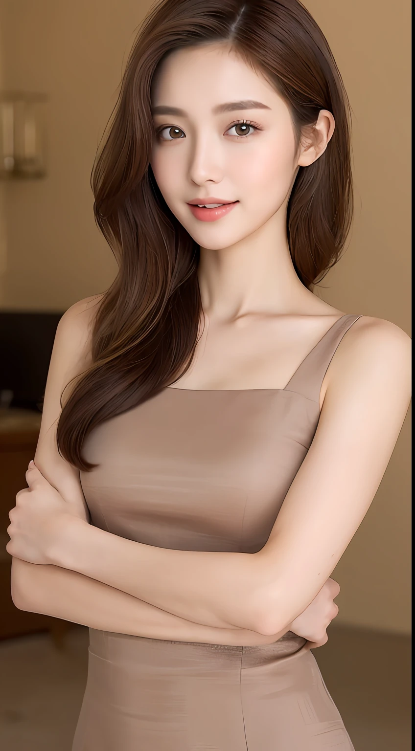 ((Best Quality, 8K, Masterpiece: 1.3)), 1 Girl, Slim Abs Beauty: 1.3, (Hairstyle Brown Hair Shortcut, Big: 1.2), Dress: 1.1, Super Slender Face, Delicate Eyes, Double Eyelids, Smile, Home, Raw Photo