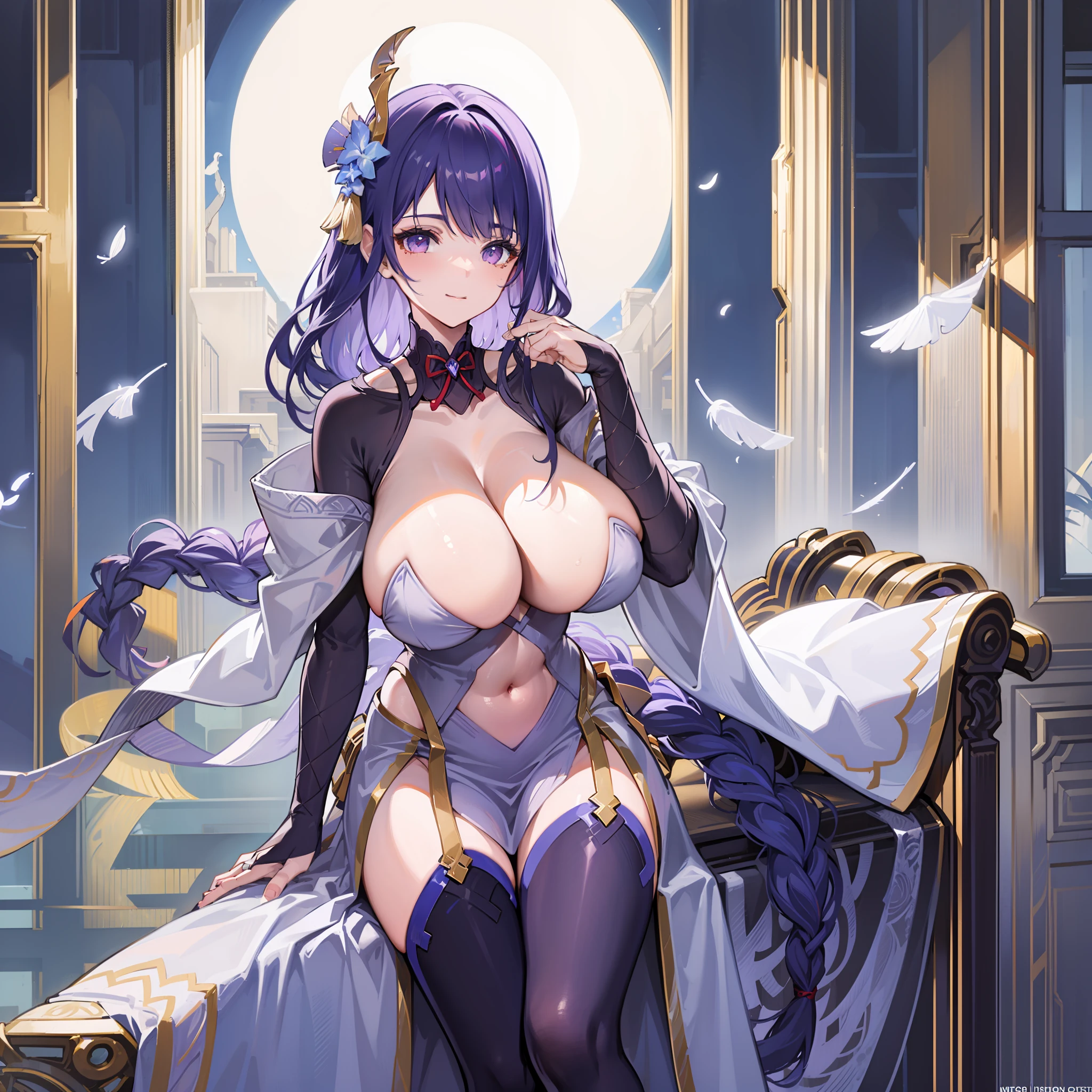 Masterpiece), (Best quality), full body,Simple background,Sitting, 1girll,Shiny hair,White hair,Hair flutters in the wind,feathers hair ornament, White cloak, ((See-through)),navel,Light smile,1girll,huge tit,exteriors,trpical garden,(Bridal maid outfit)Metal collar,Cowboy photos,