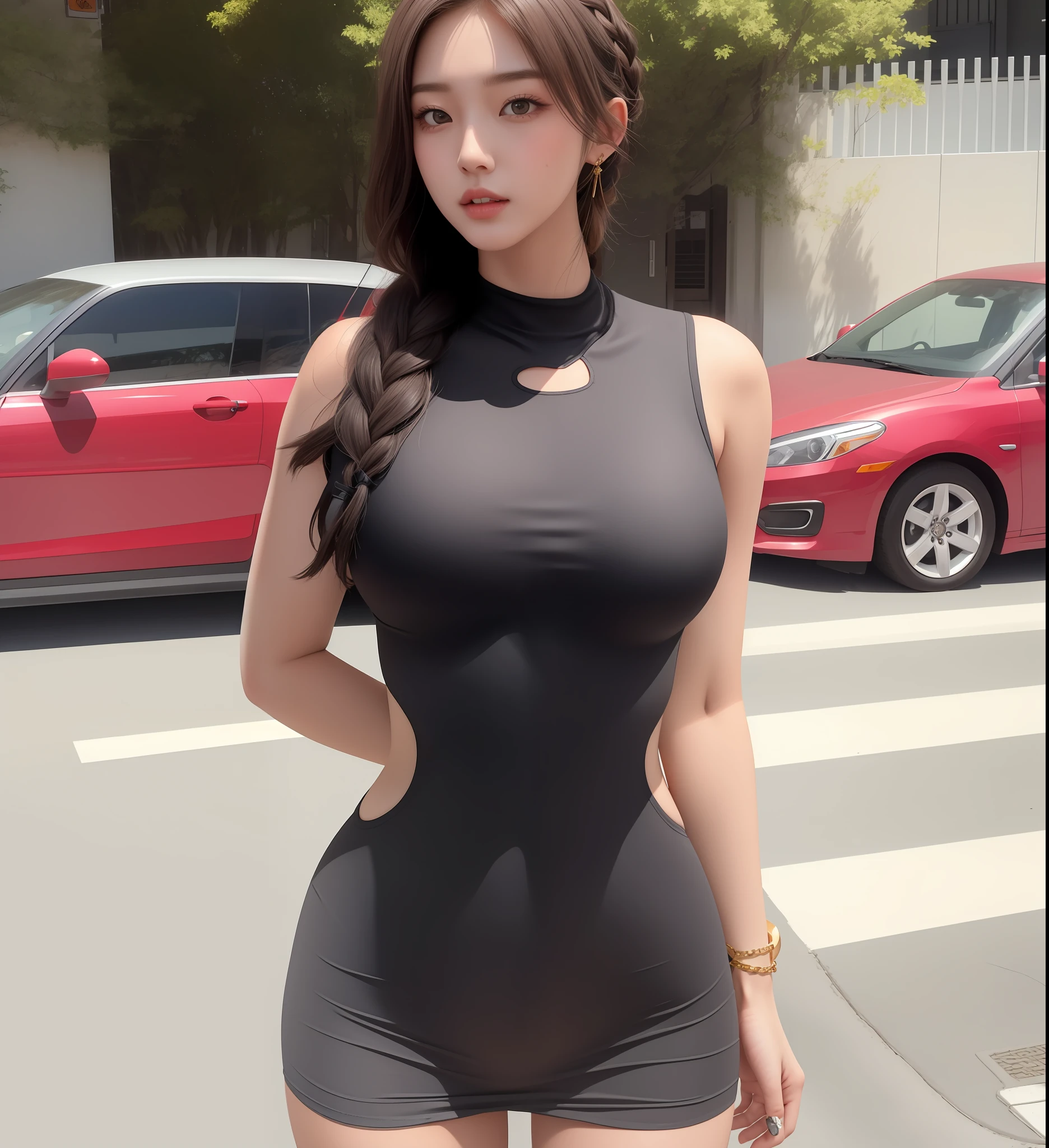 An Idol k-pop girl, (cute face, lewd face), braid hair, intricate face details, detailed face, golden ratio face, ((big breasts:1)), ((slim waist, big butt, big hip, big thighs)), ((intricate hands, detailled hands)), ((intricate feets, detailled feets)), full body, 64K, UHD, HDR, global illumination, (high quality, high detailed, hyper detailed, extremely detailed), photo realistic, ultra realistic, art photo, (clarify the details, detailed parts body), intricate artwork masterpiece, trending on artstation, (drunk face), tight clothes, (she is sexually aroused), (polished skin:1,9), (polished clothes:1,9), standing at street, look at viewer, cars, trees, houses, road, bodysuit