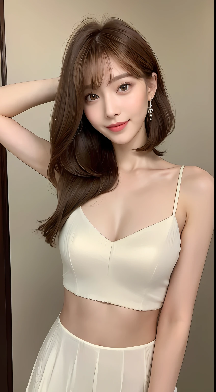 ((Best Quality, 8K, Masterpiece: 1.3)), 1 Girl, Slim Abs Beauty: 1.3, (Hairstyle Brown Hair Shortcut, Big: 1.2), Dress: 1.1, Super Slender Face, Delicate Eyes, Double Eyelids, Smile, Home, Raw Photo