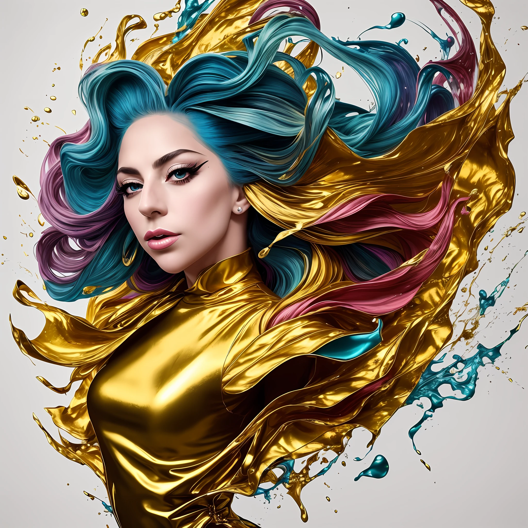 Lady gaga CANTANDO, liquid gold cobertA, Estilo Alphonse Mucha, bolhas, artisticamente esculpido com folhas e fios empoeirados, Centrado, Estilo de Alberto Seveso e Kevin Sloan, splatter paint estilo impasto | | | | | |, A stunning portrait of a dancer captured in the middle of the movement, hyper-realistic, grace, elegence, expression, fluidez, Rhythm, movimento, passion, artistry