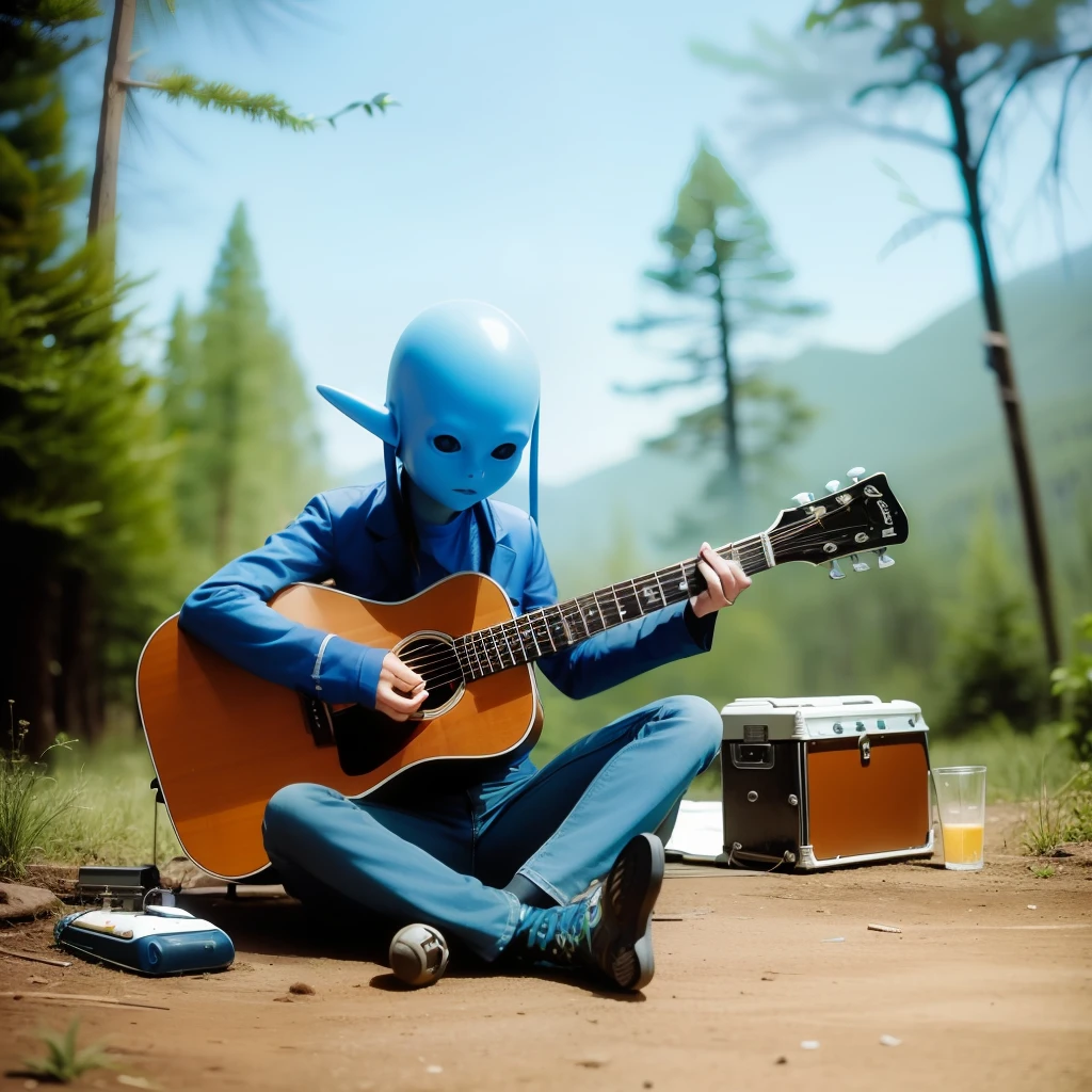 blue alien, with guitar, sitting, camping, 1970s, vintage style