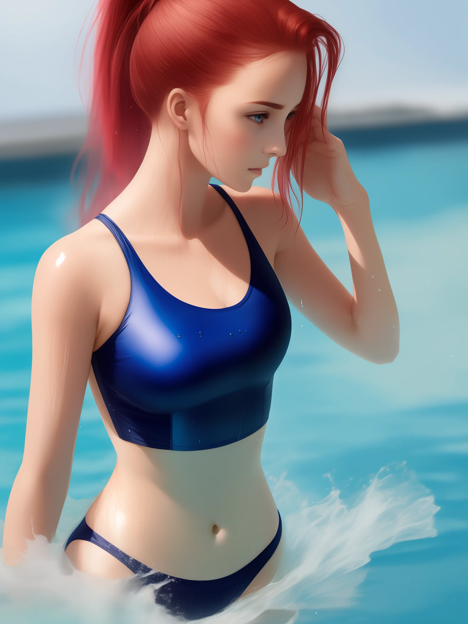 Beautuful Women ，realisticlying，Pink swimsuit，soaking wet，High ponytail，Crimson hair，
