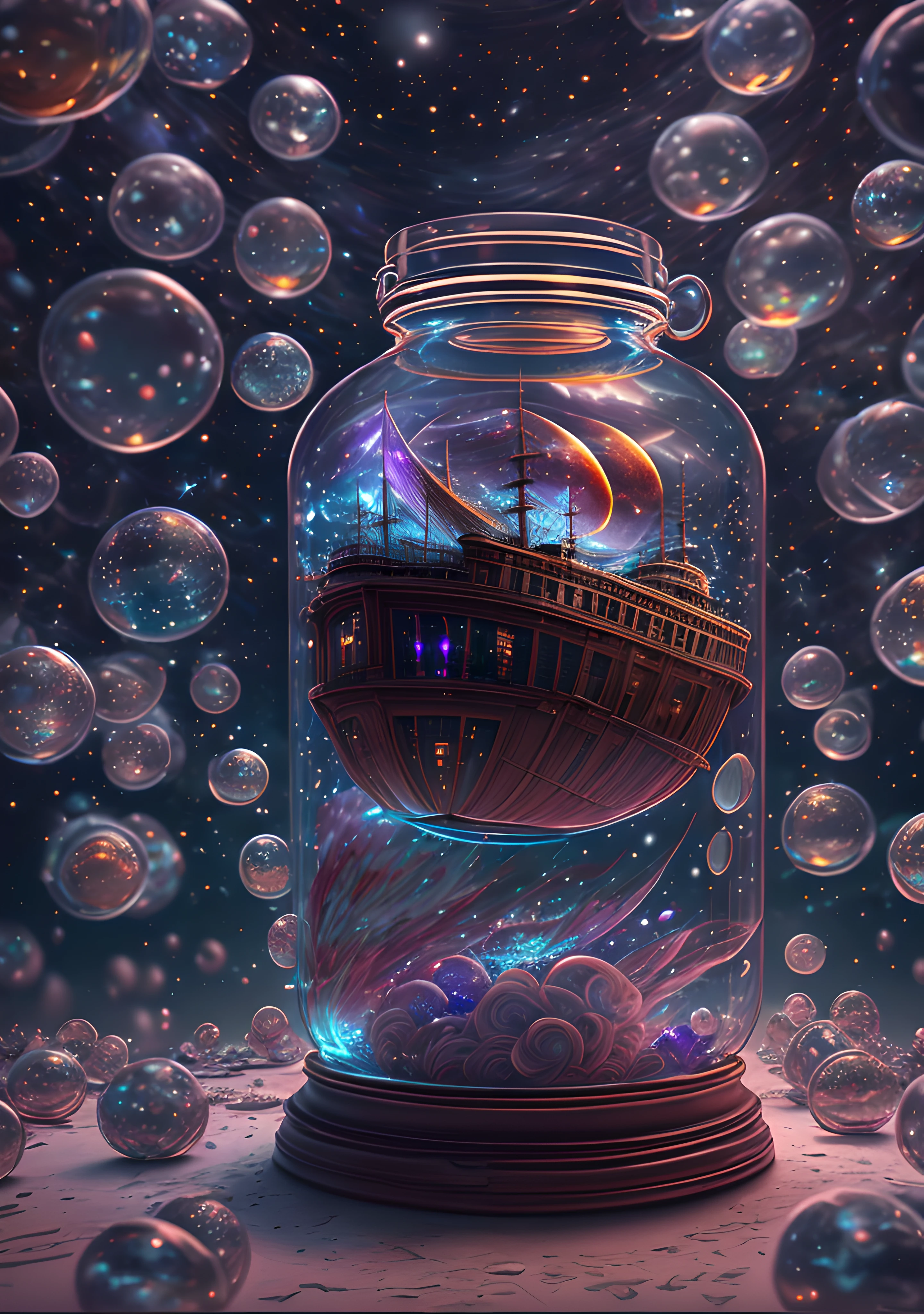 "The entire universe encapsulated within a glass jar, featuring a floating old ship, rendered in super realistic and hyper-detailed fashion, with dramatic lighting. 4k quality."