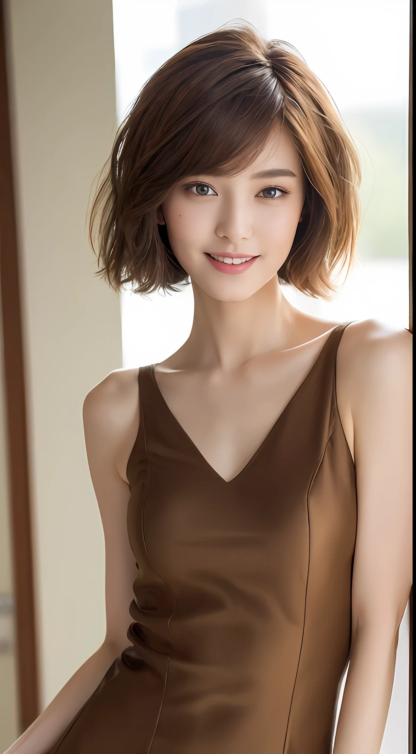 ((Best Quality, 8K, Masterpiece: 1.3)), 1 Girl, Slim Abs Beauty: 1.3, (Hairstyle Brown Hair Shortcut, Big: 1.2), Dress: 1.1, Super Slender Face, Delicate Eyes, Double Eyelids, Smile, Home, Raw Photo