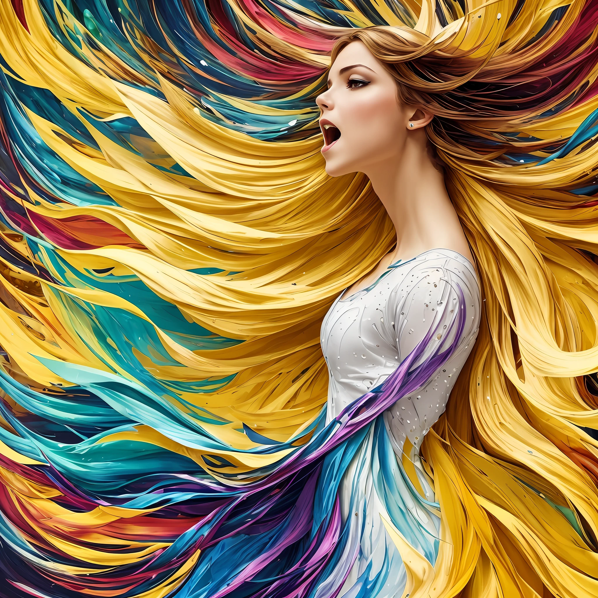 Cavalo CANTANDO, liquid gold cobertA, Estilo Alphonse Mucha, bolhas, artisticamente esculpido com folhas e fios empoeirados, Centrado, Estilo de Alberto Seveso e Kevin Sloan, splatter paint estilo impasto | | | | | |, A stunning portrait of a dancer captured in the middle of the movement, hyper-realistic, grace, elegence, expression, fluidez, Rhythm, movimento, passion, artistry
