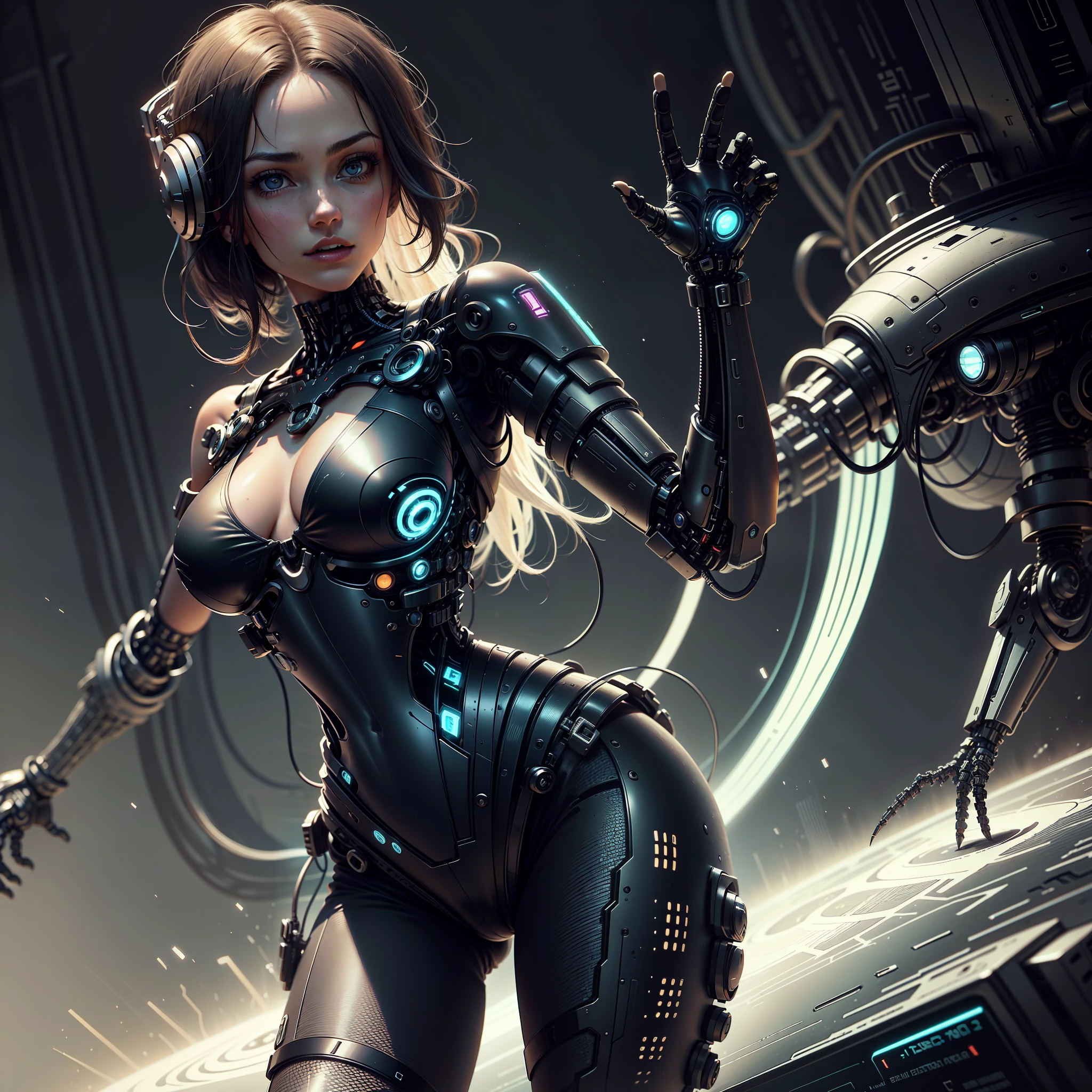 1girl|camisa branca|mostrando o umbigo|universo cyberpunk,cabelo curto, cybernetic arm,cybernetic black eye, olhando o espectador, arm at the waist,pernas cyberpunk,sexy,middlebreasts, Cyberpunk Scenario. --auto