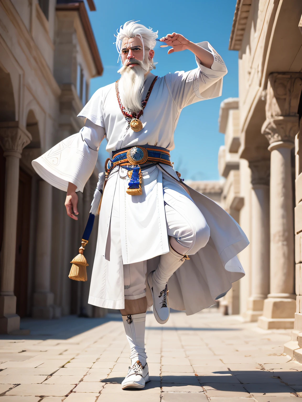 mtu,white color hair,white facial hair,Ancient wear,Mighty,Daytime background,Handsome,standing on your feet --auto