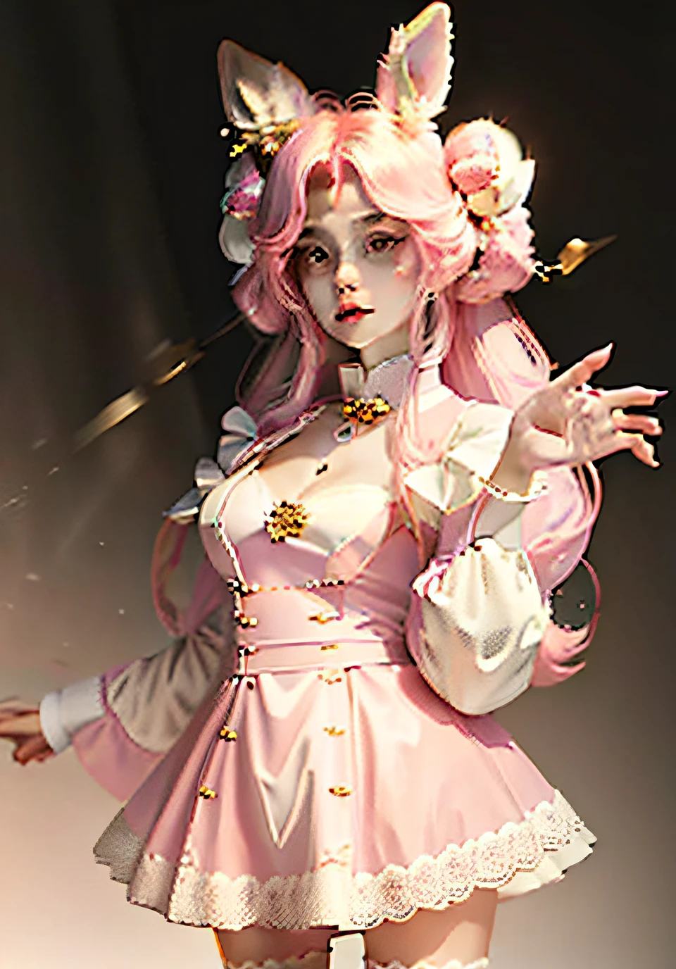 Two-dimensional face，Do not open your mouth，Hold the microphone with both hands，The clothes on the chest have a rabbit pattern，Pink legs，white stockings，Pink stage background