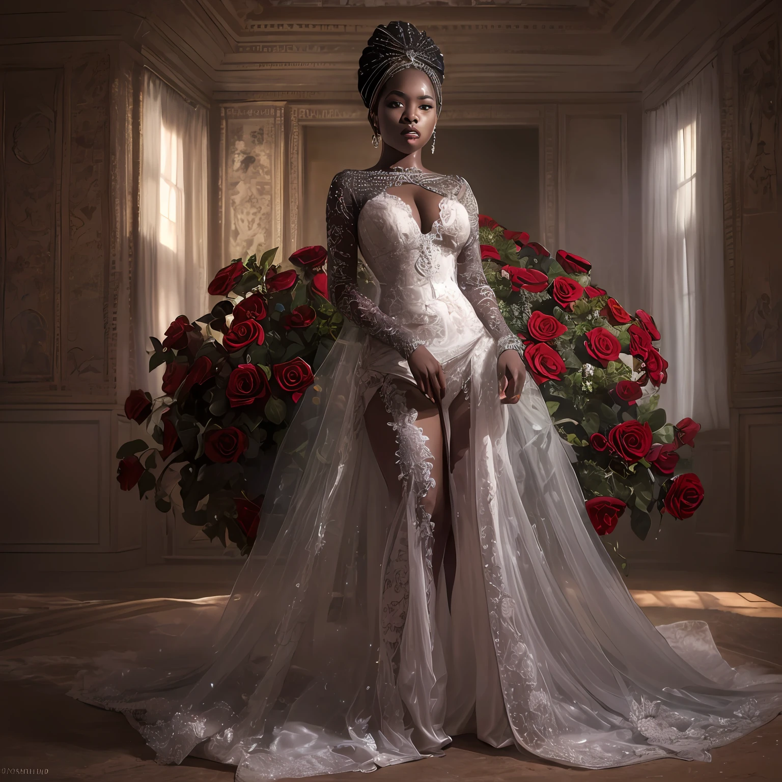 (hyperdetailed) [an African woman] as [bride], sexy, viewer poses, cinematic shot, full body, centered, 100mm lens, perfect angle, award-winning, dynamic, intricate pose, hot girl,  sultry [bride] hyperdetailed ] dress, seductive, hyperdetailed face, beautiful detailed eyes, [detailed and accurate body proportions], detailed face, expressive, cinematic lighting, volumetric lighting, studio lighting, global illumination, depth of field, blur, light reflection, shadow, contrast, (ultra detailed, finest detail, intricate), ((Masterpiece)), perfect ((face bent over viewer)), full body, (blend fantastic color palette, [storytelling] atmosphere, [dormitory] bouquet of red roses, play of light and shadow.