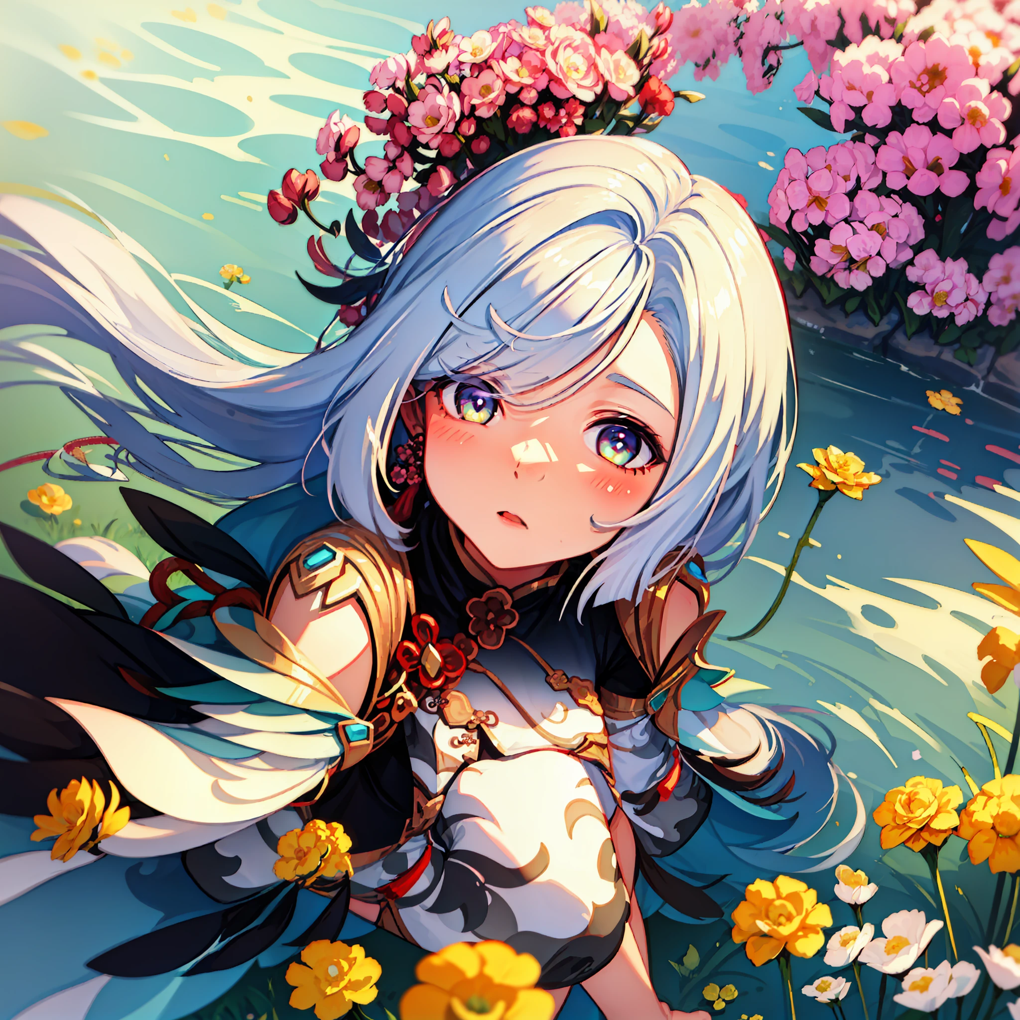((masterpiece,best quality)),(1girl, solo:1.4),negative space:1.3,from above,beautiful detailed eyes, vivid, cloudy sky, flower, anemone \(flower\), daffodil, hyacinth,falling petals,sanshoku dango, hanami, picnic, incoming kiss, incoming hug,